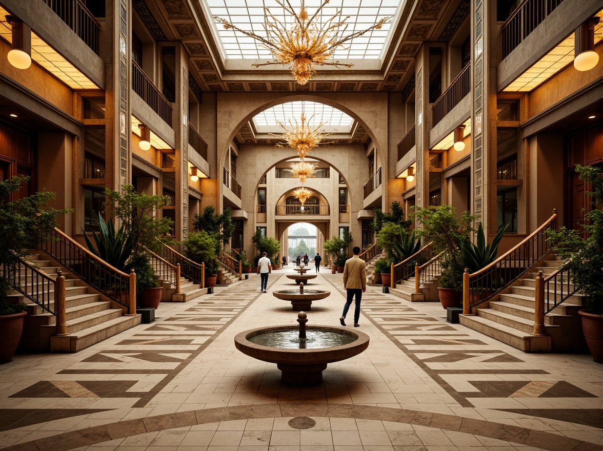 Prompt: Opulent Art Deco monument, ornate metalwork, geometric patterns, luxurious marble floors, grand staircases, intricate mosaics, metallic accents, sunburst motifs, zigzag designs, chevron patterns, lavish chandeliers, ornamental fountains, symmetrical compositions, warm golden lighting, shallow depth of field, 1/1 composition, realistic textures, ambient occlusion.