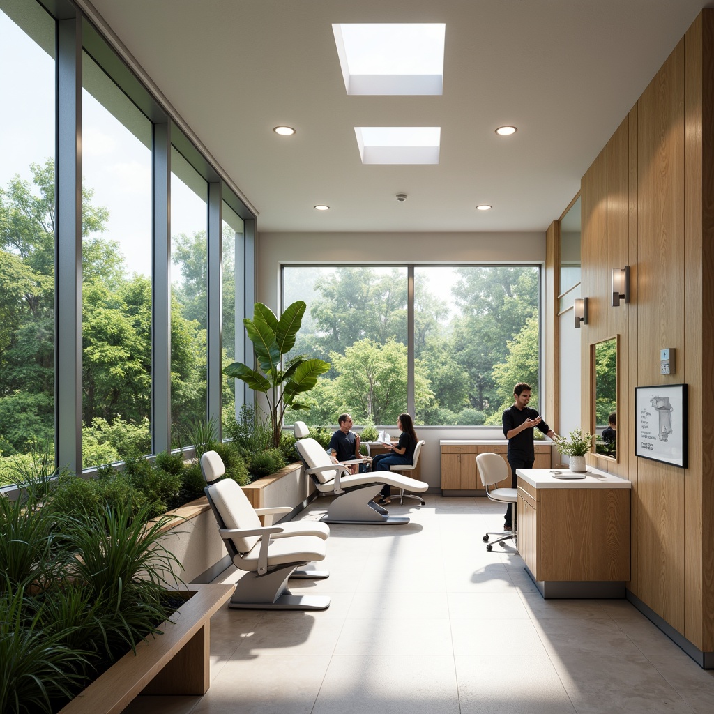 Prompt: Spacious dental clinic, natural ventilation systems, large windows, greenery views, calming ambiance, soft diffused lighting, comfortable seating areas, wooden accents, minimal decor, airy atmosphere, gentle breeze, subtle scents, soothing colors, modern dental equipment, sleek surfaces, stainless steel fixtures, hygienic environment, calm patients, relaxed dentists, efficient air circulation, cross ventilation, clerestory windows, solar tubes, wind catchers, breathable materials, eco-friendly design.