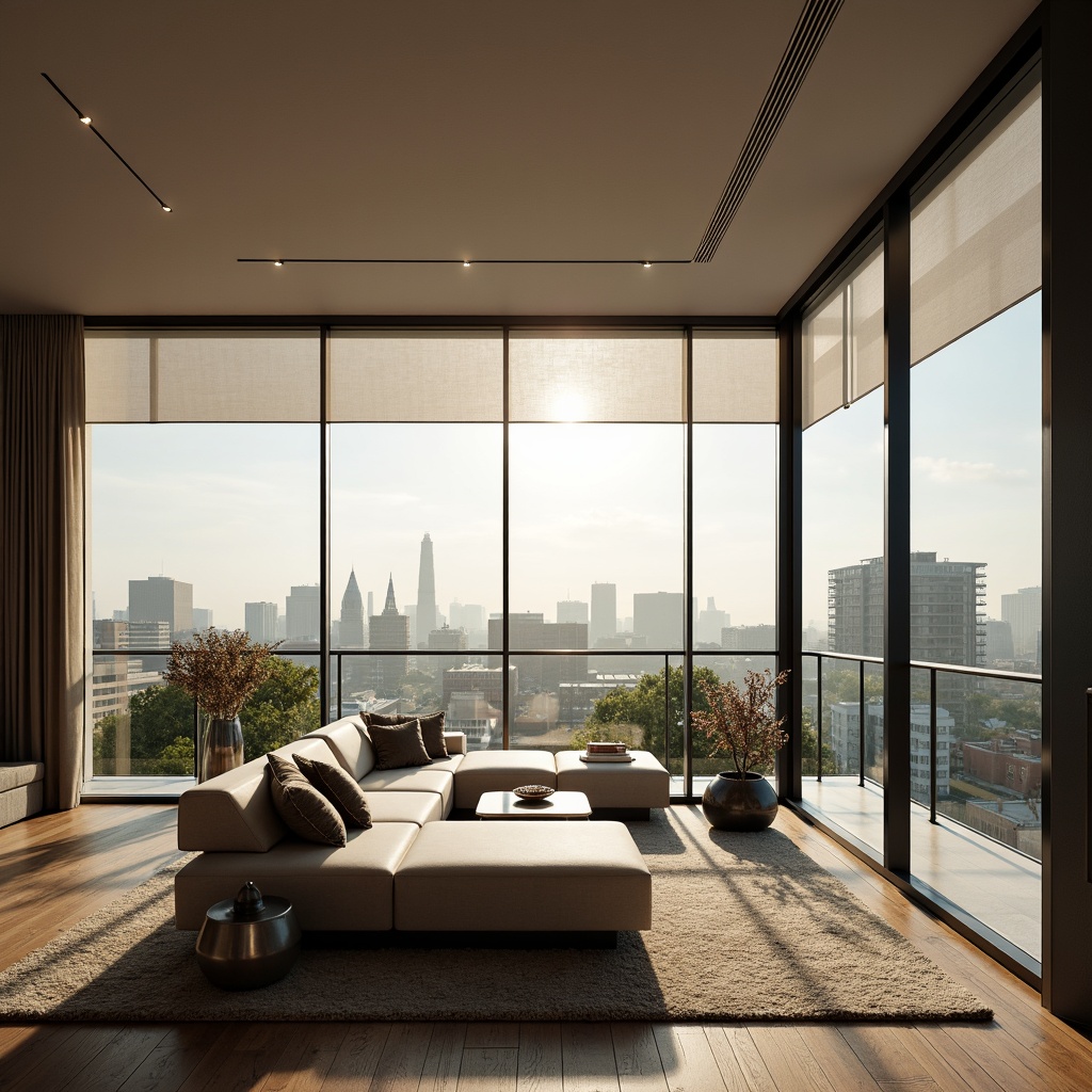 Prompt: Minimalist living room, floor-to-ceiling windows, sleek metal frames, automated blinds, solar shades, thermal insulation, energy-efficient glazing, soundproofing technology, urban cityscape views, morning sunlight, soft warm lighting, shallow depth of field, 3/4 composition, panoramic view, realistic textures, ambient occlusion, modern interior design, luxurious fabrics, subtle patterns, metallic accents.