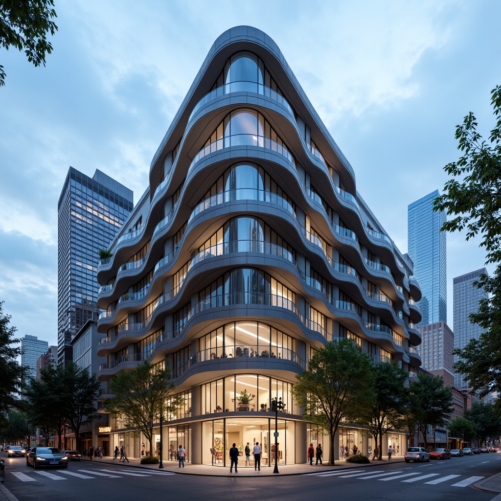 Prompt: Curved building facade, metallic materials, polished chrome accents, horizontal lines, minimalist ornamentation, rounded corners, large windows, sliding glass doors, urban cityscape, busy streets, modern skyscrapers, cloudy blue sky, soft natural lighting, shallow depth of field, 2/3 composition, symmetrical balance, realistic reflections, ambient occlusion.