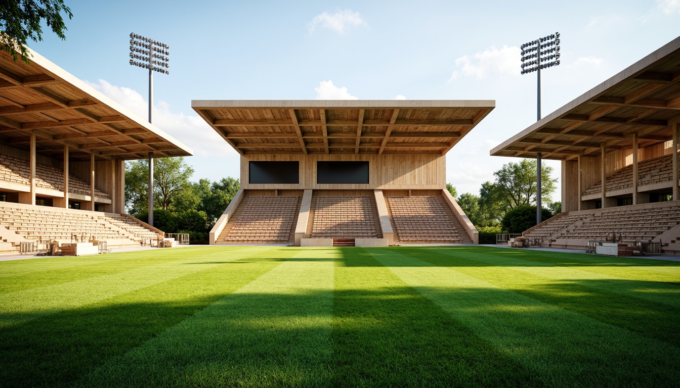 Prompt: Rustic sports field, natural grass turf, wooden bleachers, earthy tone scoreboard, organic shape stadium seating, woven wicker fencing, reclaimed wood accents, living green walls, native plant species, sunny afternoon, soft warm lighting, shallow depth of field, 3/4 composition, panoramic view, realistic textures, ambient occlusion.