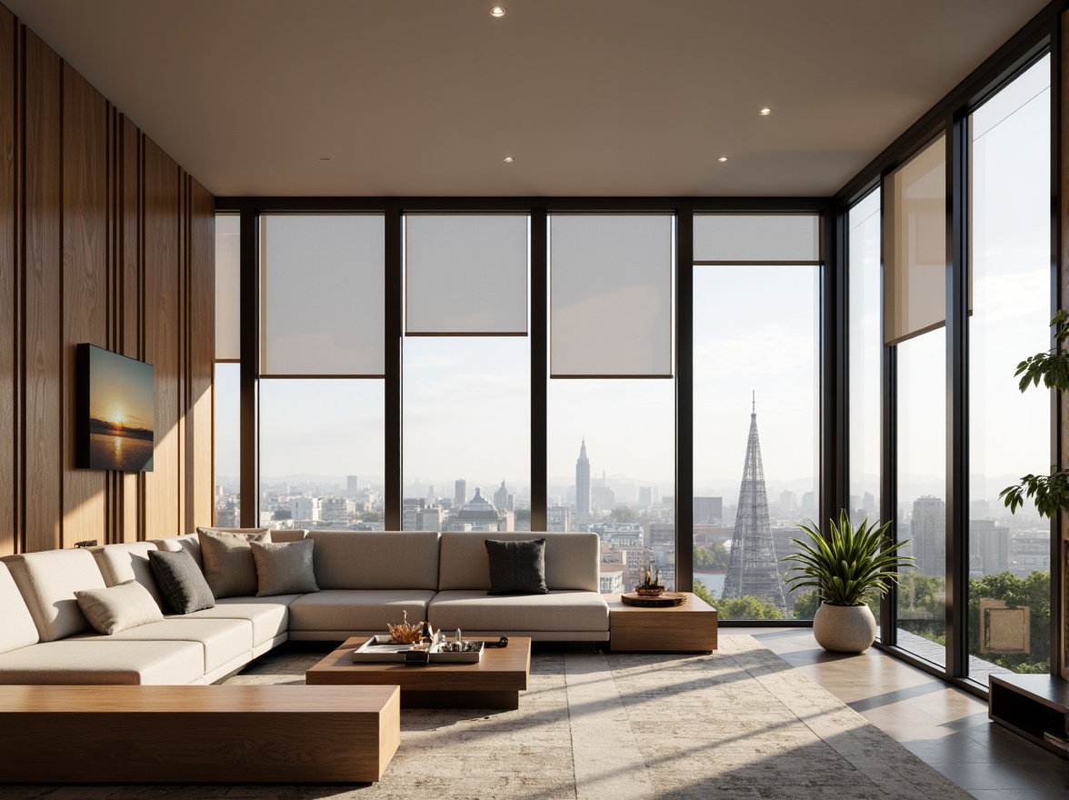 Prompt: Minimalist living room, floor-to-ceiling windows, sleek metal frames, automated blinds, solar shades, thermal insulation, energy-efficient glazing, soundproofing technology, urban cityscape views, morning sunlight, soft warm lighting, shallow depth of field, 3/4 composition, panoramic view, realistic textures, ambient occlusion, modern interior design, luxurious fabrics, subtle patterns, metallic accents.