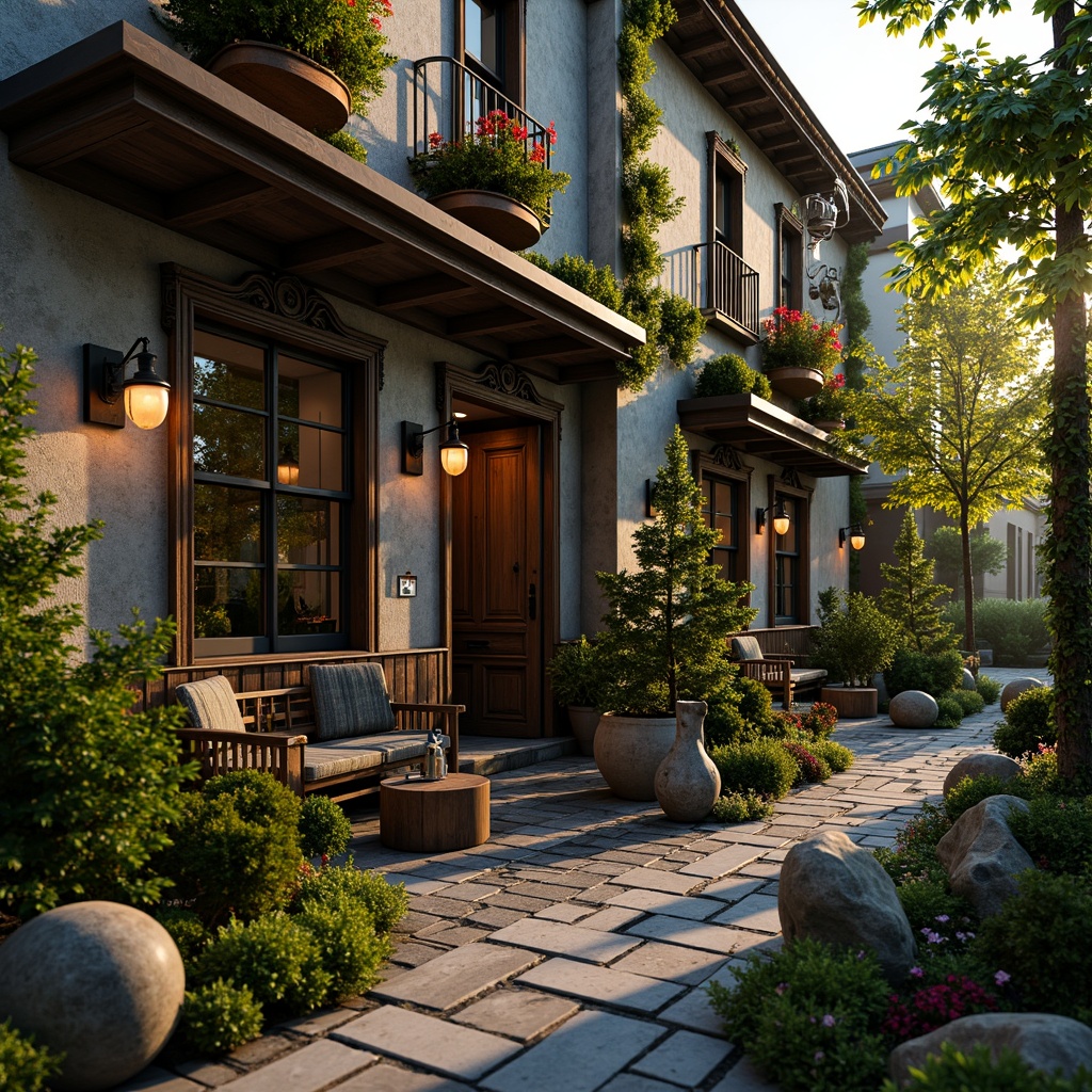 Prompt: Rustic pub exterior, ornate Baroque-style fa\u00e7ade, lush greenery, overflowing flower boxes, distressed wooden accents, vintage lanterns, meandering stone pathways, natural rock formations, moss-covered statues, whimsical topiaries, soft warm lighting, golden hour ambiance, shallow depth of field, 1/2 composition, intimate atmosphere, realistic textures, ambient occlusion.