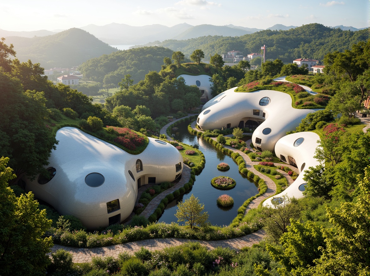 Prompt: Organic blob-shaped buildings, curved lines, futuristic architecture, iridescent colors, glossy surfaces, reflective materials, lush green roofs, verdant walls, natural stone foundations, winding water features, serene ponds, walking paths, scenic overlooks, vibrant flowerbeds, native plant species, warm sunny day, soft diffused lighting, shallow depth of field, 3/4 composition, panoramic view, realistic textures, ambient occlusion.