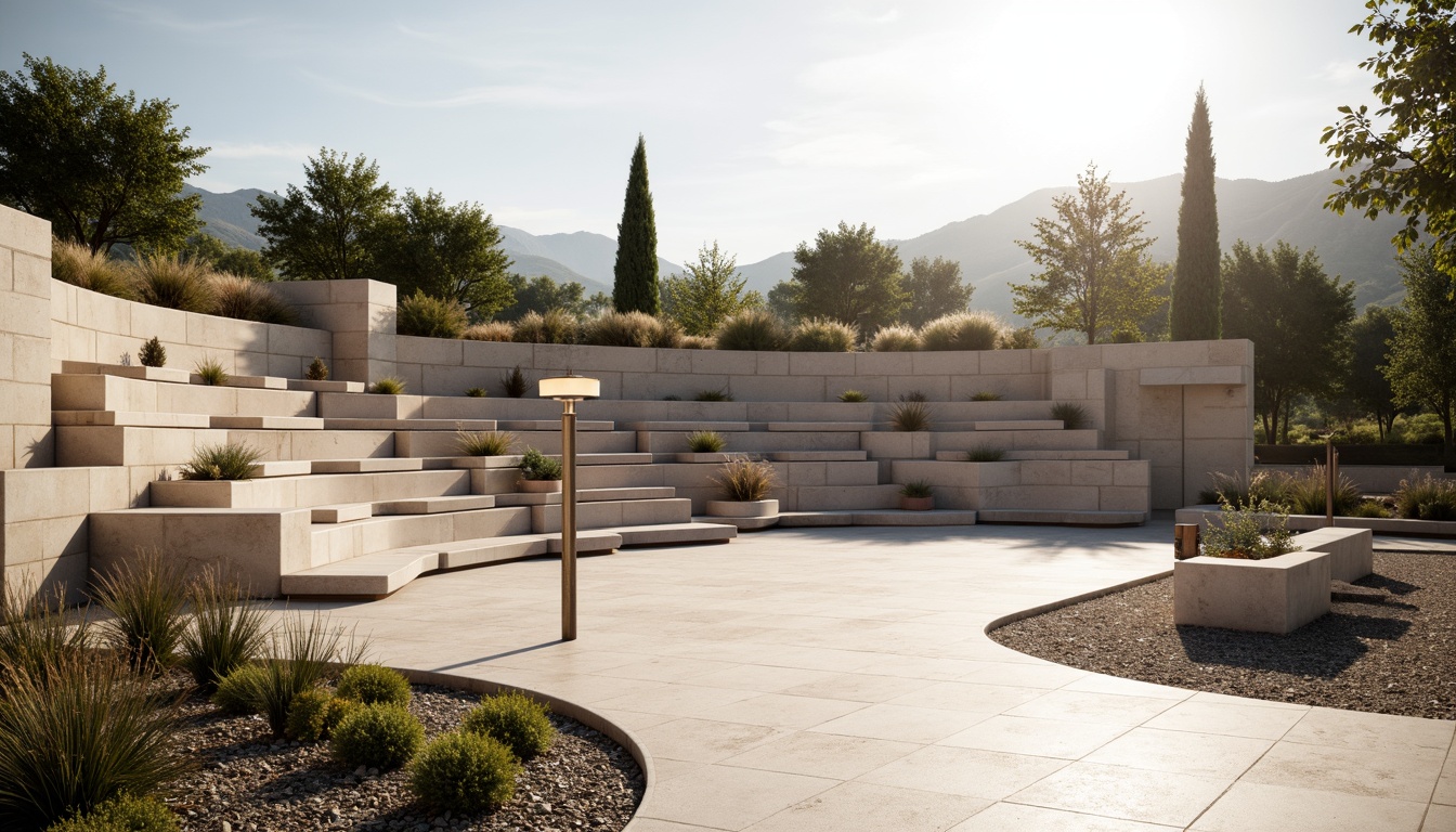 Prompt: Minimalist amphitheater, natural stone seating, sleek metal railings, polished concrete floors, simple wooden benches, subtle LED lighting, open sky above, warm sunny day, soft shadows, shallow depth of field, 3/4 composition, panoramic view, realistic textures, ambient occlusion, weathered steel accents, industrial-style lamps, geometric-shaped planters, sparse greenery, gravel pathways, modern minimalist architecture, clean lines, monochromatic color scheme.