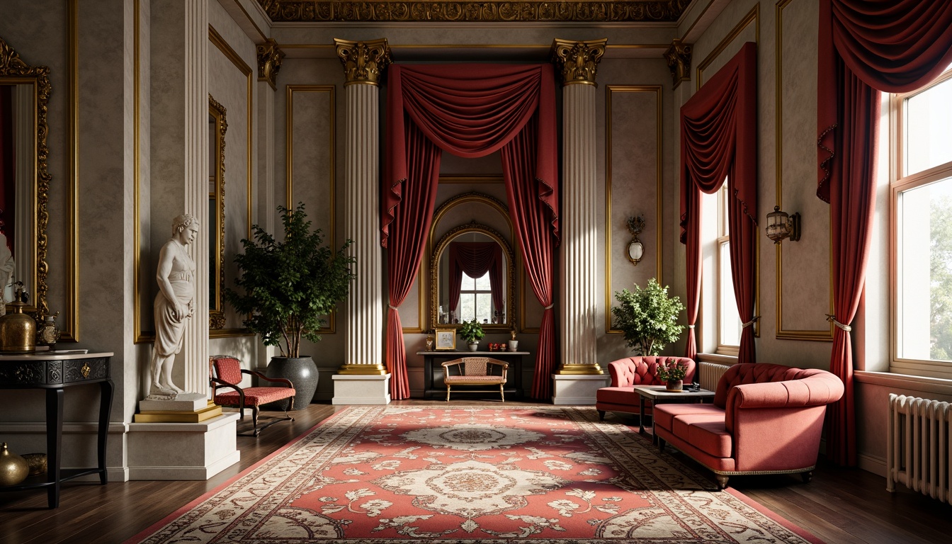 Prompt: Ornate classical columns, intricately carved marble facades, ornamental stone statues, lavish velvet drapes, gilded frame mirrors, richly patterned rugs, luxurious silk fabrics, antique furniture pieces, distressed wooden accents, vintage bronze hardware, soft warm lighting, shallow depth of field, 1/1 composition, realistic textures, ambient occlusion.