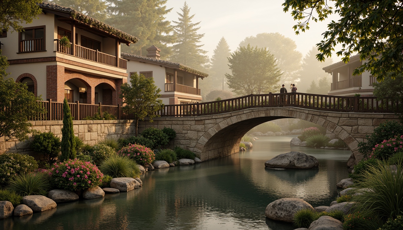 Prompt: Rustic stone bridges, ornate balustrades, weathered wooden railings, warm beige stonework, earthy red brick arches, moss-covered piers, soft golden lighting, misty atmospheric effects, serene river waters, lush greenery, vibrant floral arrangements, intricate carvings, classical architectural details, subtle texture overlays, realistic stone normal maps, cinematic camera angles, 1/2 composition, warm color grading.