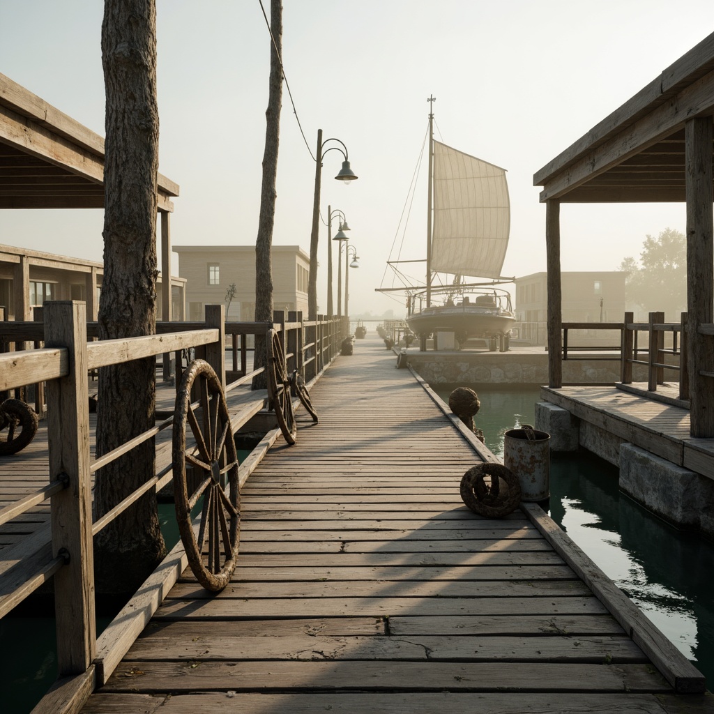 Prompt: Weathered wooden docks, rustic nautical ropes, vintage boat wheels, distressed metal lanterns, soft misty mornings, serene lake reflections, natural stone foundations, earthy brown wood accents, sky blue water hues, creamy white sailcloth textures, warm golden lighting, shallow depth of field, 1/1 composition, realistic wood grain details, ambient occlusion.