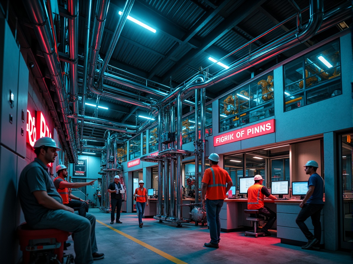 Prompt: Industrial energy plant, metallic structures, steel beams, pipes and valves, concrete foundations, functional machinery, neon-lit control rooms, warning signs, safety helmets, reflective vests, high-visibility colors, bold typography, dynamic lighting, dramatic shadows, 1/2 composition, cinematic atmosphere, realistic textures, ambient occlusion.