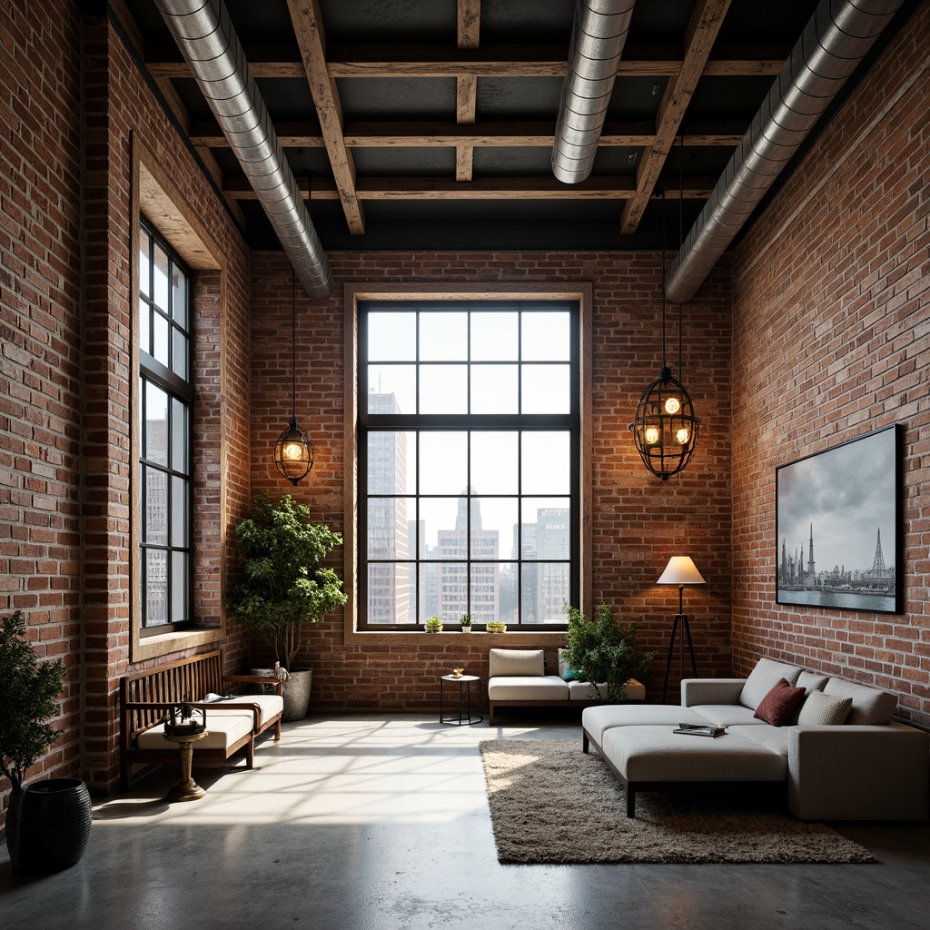 Prompt: Exposed brick walls, metal beams, reclaimed wood accents, industrial-style lighting fixtures, concrete floors, urban cityscape views, converted warehouse spaces, modern minimalist decor, functional pipes and ductwork, distressed textures, neutral color palette, high ceilings, open floor plans, eclectic vintage furniture, Edison bulb pendants, steel windows, brutalist architecture, dramatic shadows, low-key ambient lighting, 1/1 composition, realistic renderings.