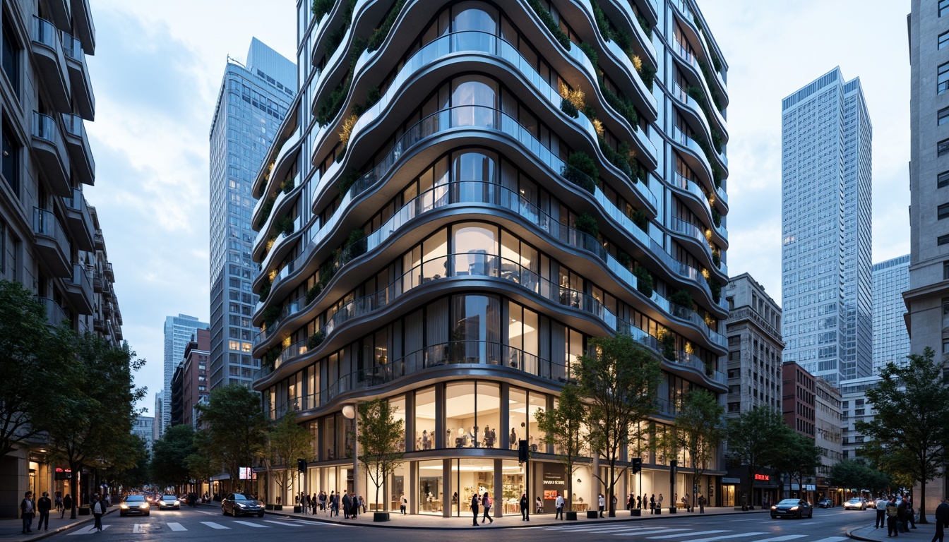 Prompt: Curved building facade, metallic materials, polished chrome accents, horizontal lines, rounded corners, minimalist ornamentation, large glass windows, sliding doors, cantilevered balconies, urban cityscape, busy streets, modern skyscrapers, cloudy blue sky, soft natural light, shallow depth of field, 2/3 composition, symmetrical framing, high-contrast lighting, detailed textures, ambient occlusion.