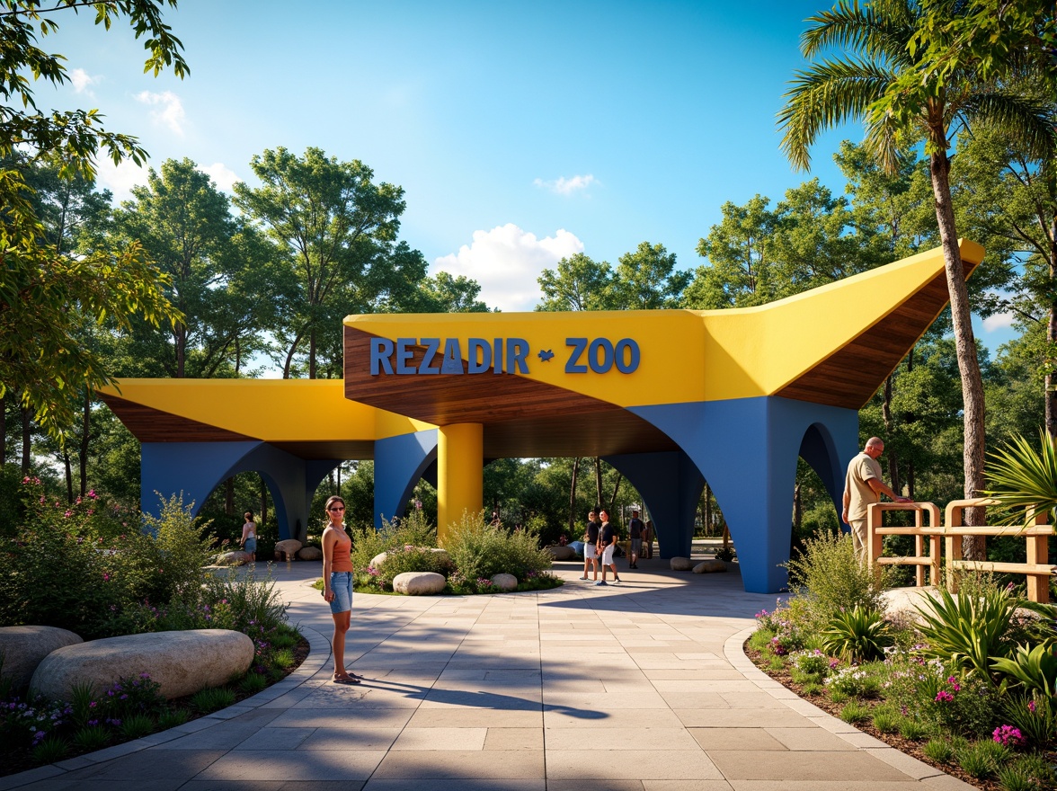 Prompt: Vibrant zoo entrance, streamline moderne architecture, bold primary colors, bright yellow accents, deep blue tones, earthy brown textures, sleek metal railings, minimalist signage, lush greenery, tropical plants, exotic flowers, sunny day, soft warm lighting, shallow depth of field, 3/4 composition, panoramic view, realistic animal textures, ambient occlusion.Let me know if you need any adjustments!