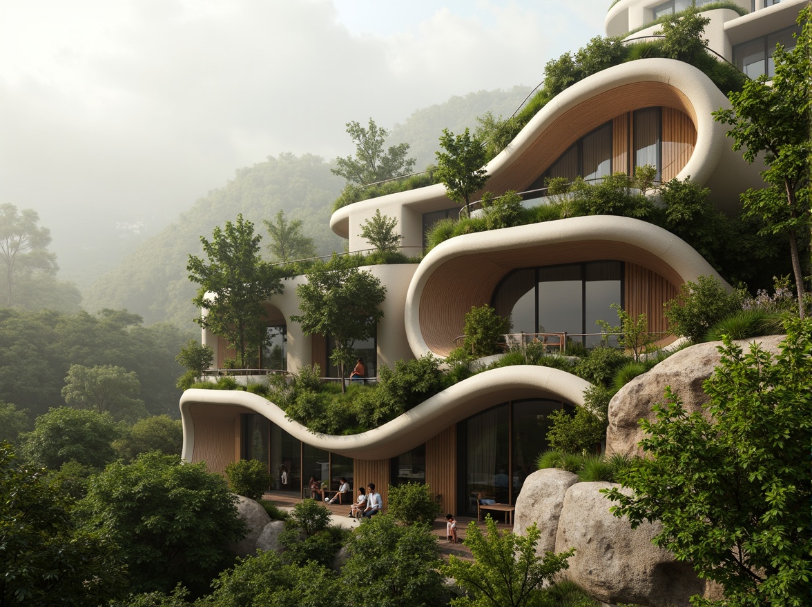 Prompt: Curved blob-like structures, organic forms, soft rounded edges, natural materials, earthy tones, moss-covered walls, wooden accents, irregular shapes, fluid lines, futuristic architecture, sustainable design, eco-friendly materials, green roofs, living walls, vibrant plant life, misty atmosphere, warm diffused lighting, shallow depth of field, 1/1 composition, realistic textures, ambient occlusion.