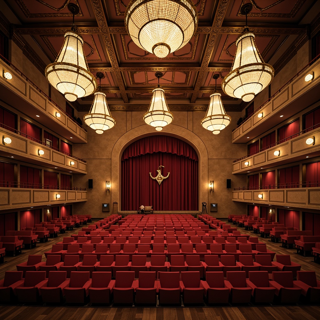 Prompt: Grand auditorium, ornate chandeliers, plush red seats, curved balconies, acoustic panels, soundproofing materials, reinforced concrete structures, steel beams, robust foundations, earthquake-resistant design, natural stone walls, wooden flooring, intricate architectural details, dramatic lighting effects, spotlights, soft warm glow, shallow depth of field, 3/4 composition, panoramic view, realistic textures, ambient occlusion.