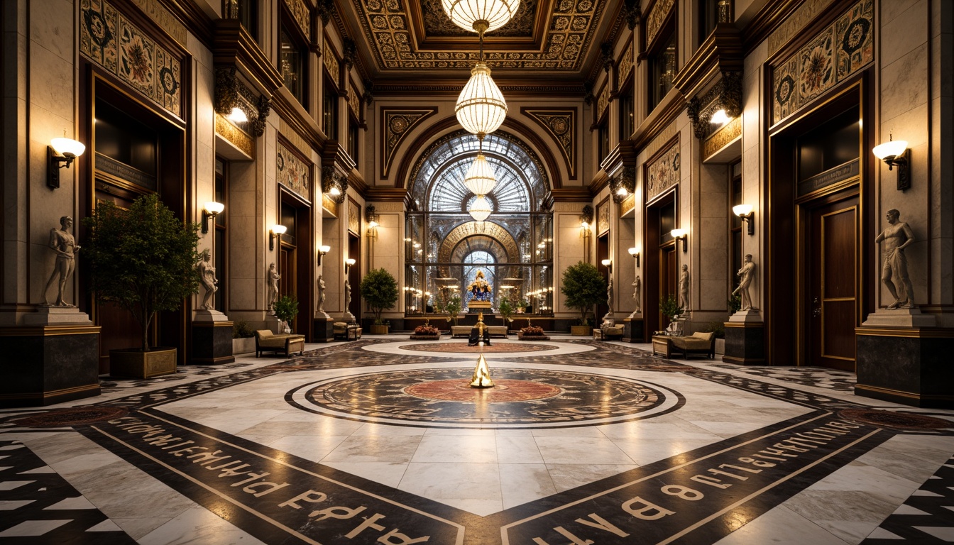 Prompt: Intricate geometric patterns, ornate metalwork, luxurious marble surfaces, grandiose statues, symmetrical compositions, opulent chandeliers, lavish mosaics, bold typography, stylized florals, zigzag motifs, chevron designs, sunburst patterns, metallic accents, polished chrome details, rich jewel tones, dramatic lighting effects, low-angle photography, cinematic atmosphere, high-contrast rendering, detailed textures, realistic reflections.