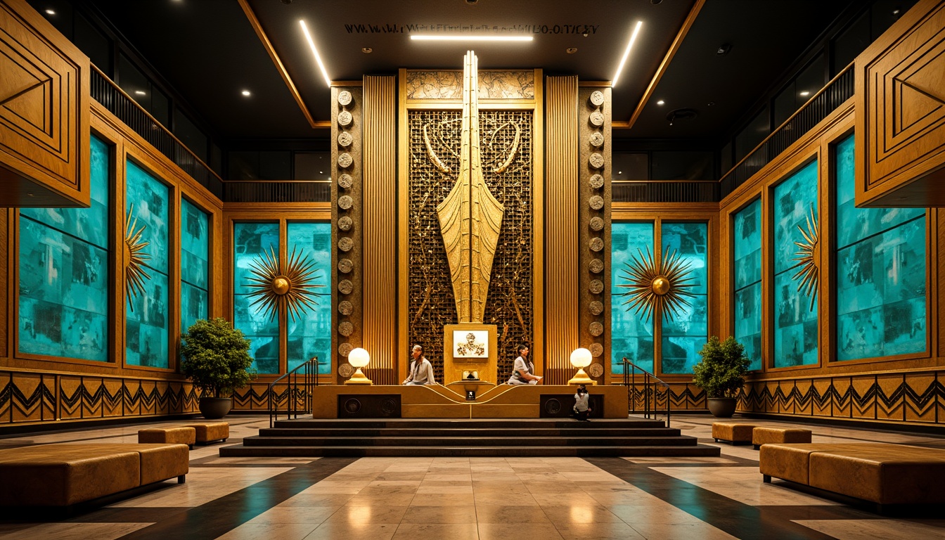 Prompt: Opulent Art Deco monument, lavish golden accents, rich bronze tones, vibrant turquoise mosaics, geometric patterns, ornate metalwork, luxurious marble surfaces, bold black outlines, stylized floral motifs, sunburst designs, zigzag patterns, metallic sheen, warm ambient lighting, shallow depth of field, 1/1 composition, symmetrical framing, high-contrast colors, intricate textures, realistic reflections.