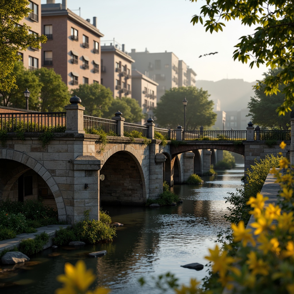 Prompt: Ancient stone bridges, ornate balustrades, rustic arches, weathered stonework, moss-covered piers, gentle water flow, serene riverbanks, lush greenery, vibrant flowers, historic cityscape, warm golden lighting, soft misty atmosphere, shallow depth of field, 3/4 composition, symmetrical architecture, classical ornamental details, intricate carvings, ornate lamp posts, rustic metal railings.