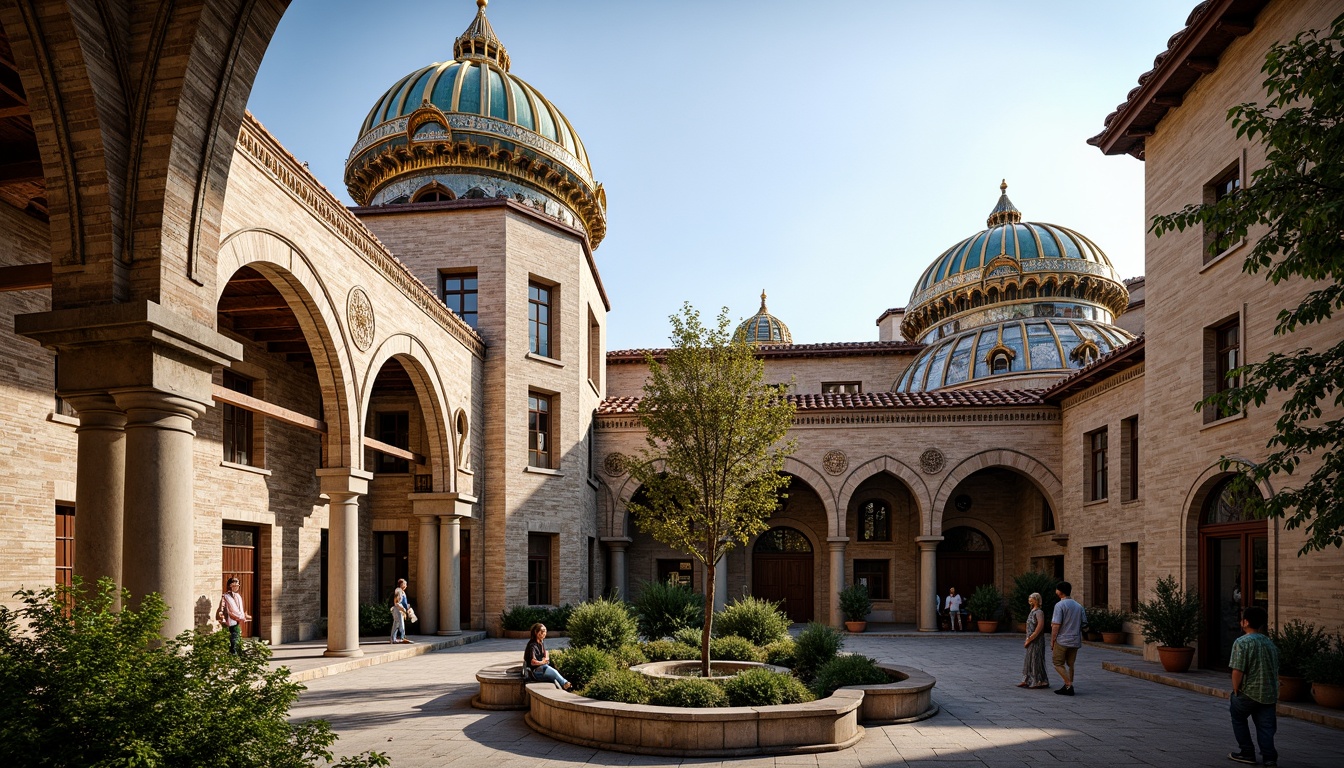 Prompt: Intricate stone carvings, ornate domes, grand archways, vibrant mosaics, golden accents, rustic terracotta tiles, curved rooflines, ornamental finials, weathered copper cladding, aged brick facades, Byzantine-inspired ornaments, lush greenery, serene courtyard, warm afternoon light, soft shadows, 1/1 composition, realistic textures, ambient occlusion.