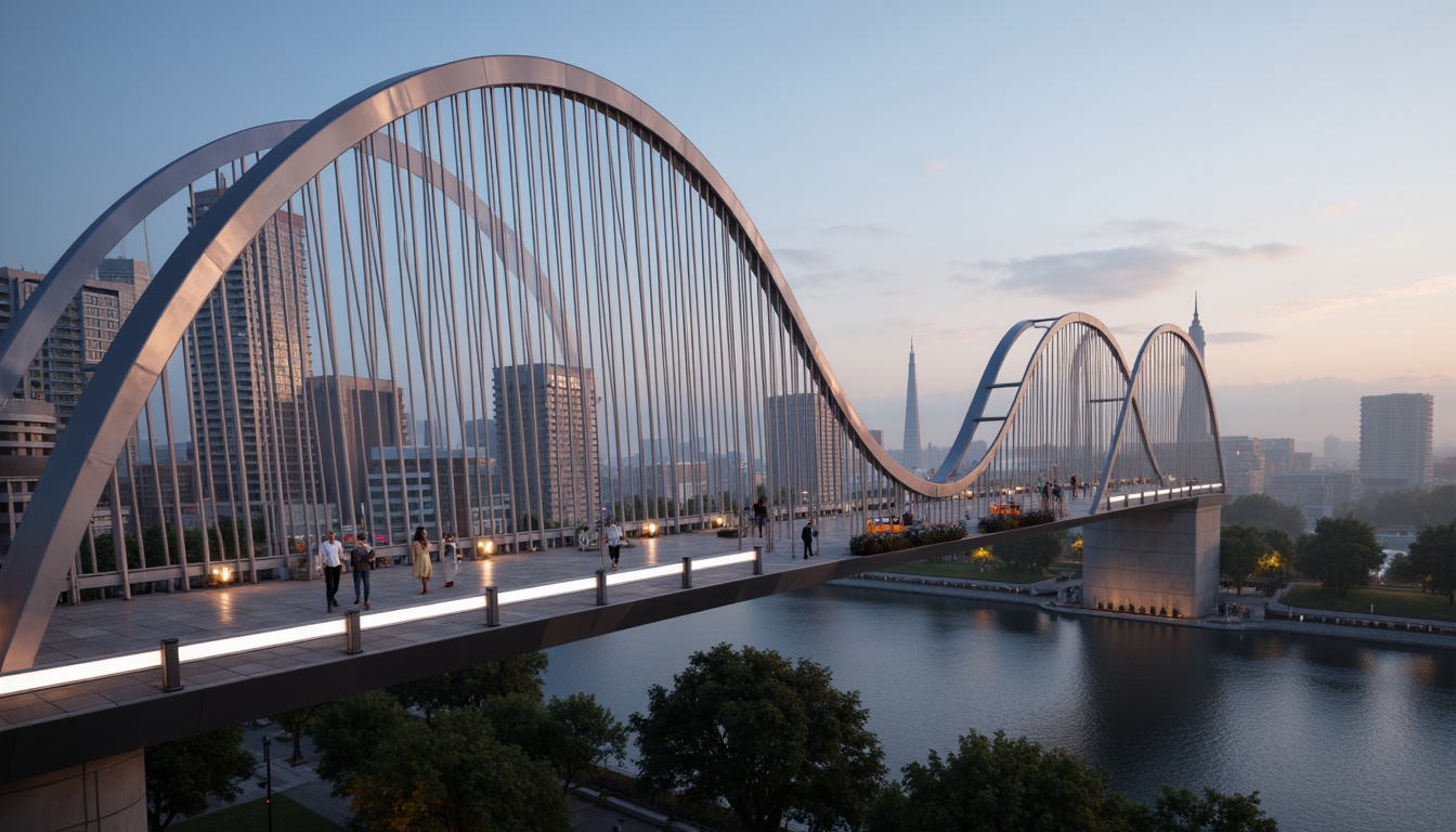 Prompt: Futuristic bridge, sleek metallic arches, suspension cables, LED lighting systems, urban cityscape, misty morning atmosphere, soft warm glow, shallow depth of field, 3/4 composition, panoramic view, realistic reflections, ambient occlusion, fusion architecture, curved lines, geometric shapes, modern materials, high-strength concrete, steel reinforcements, innovative structural systems, cantilevered sections, asymmetrical design, dynamic visual effects, vibrant colorful accents, intricate patterns, futuristic urban planning.