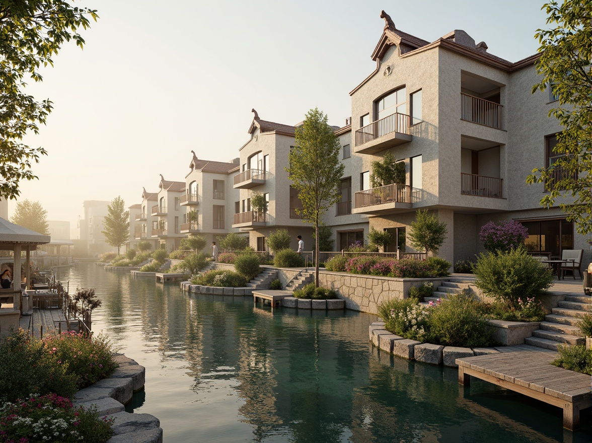 Prompt: Rustic lakefront buildings, whimsical turrets, ornate balconies, curved lines, soft pastel colors, water-inspired motifs, natural stone foundations, wooden docks, lush greenery, vibrant flowers, misty morning atmosphere, warm golden lighting, shallow depth of field, 1/2 composition, intimate view, realistic textures, ambient occlusion.