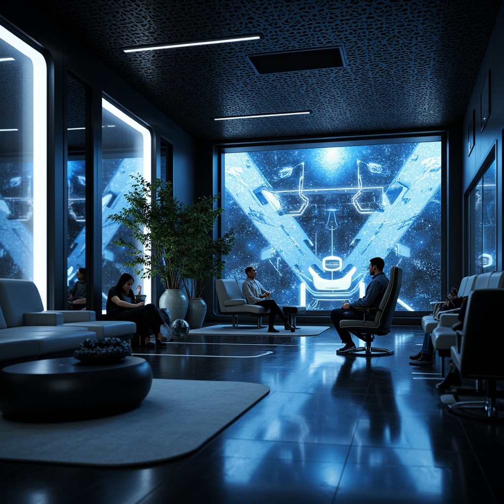 Prompt: Futuristic interior space, high-tech gadgets, sleek metal accents, minimalist decor, neon-lit ambiance, dark polished floors, glass partitions, modular furniture, ergonomic chairs, interactive displays, virtual reality zones, ambient LED lighting, 3D holographic projections, futuristic sound systems, acoustic panels, smart home automation, voice-controlled interfaces, geometric patterns, metallic textures, cold color palette, shallow depth of field, 1/1 composition, realistic reflections.