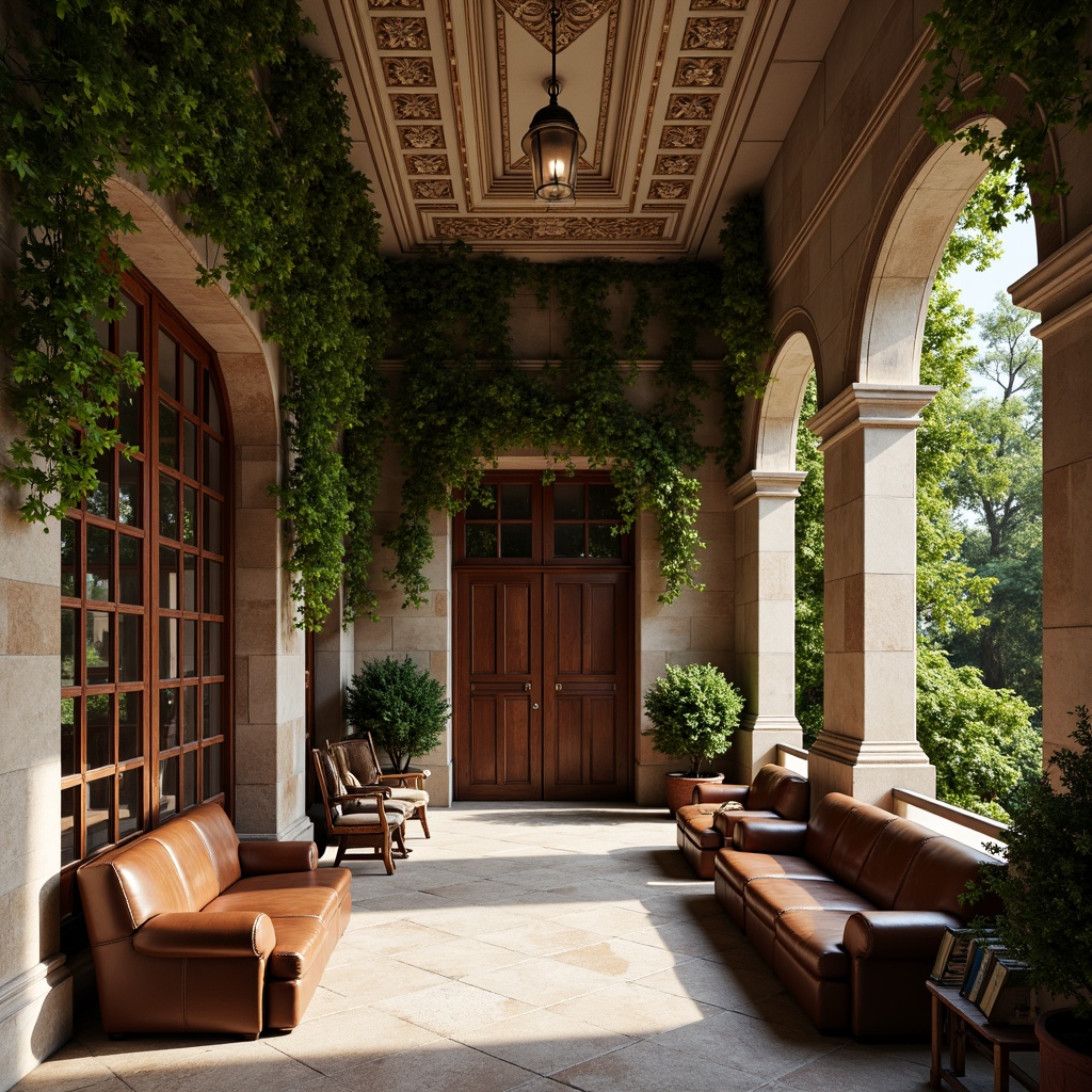 Prompt: Traditional university buildings, ivy-covered walls, ornate stone carvings, rich wood tones, warm beige stucco, classic columns, elegant archways, sophisticated neutral colors, earthy brown furniture, vintage leather-bound books, subtle golden accents, soft natural lighting, shallow depth of field, 1/1 composition, realistic textures, ambient occlusion.