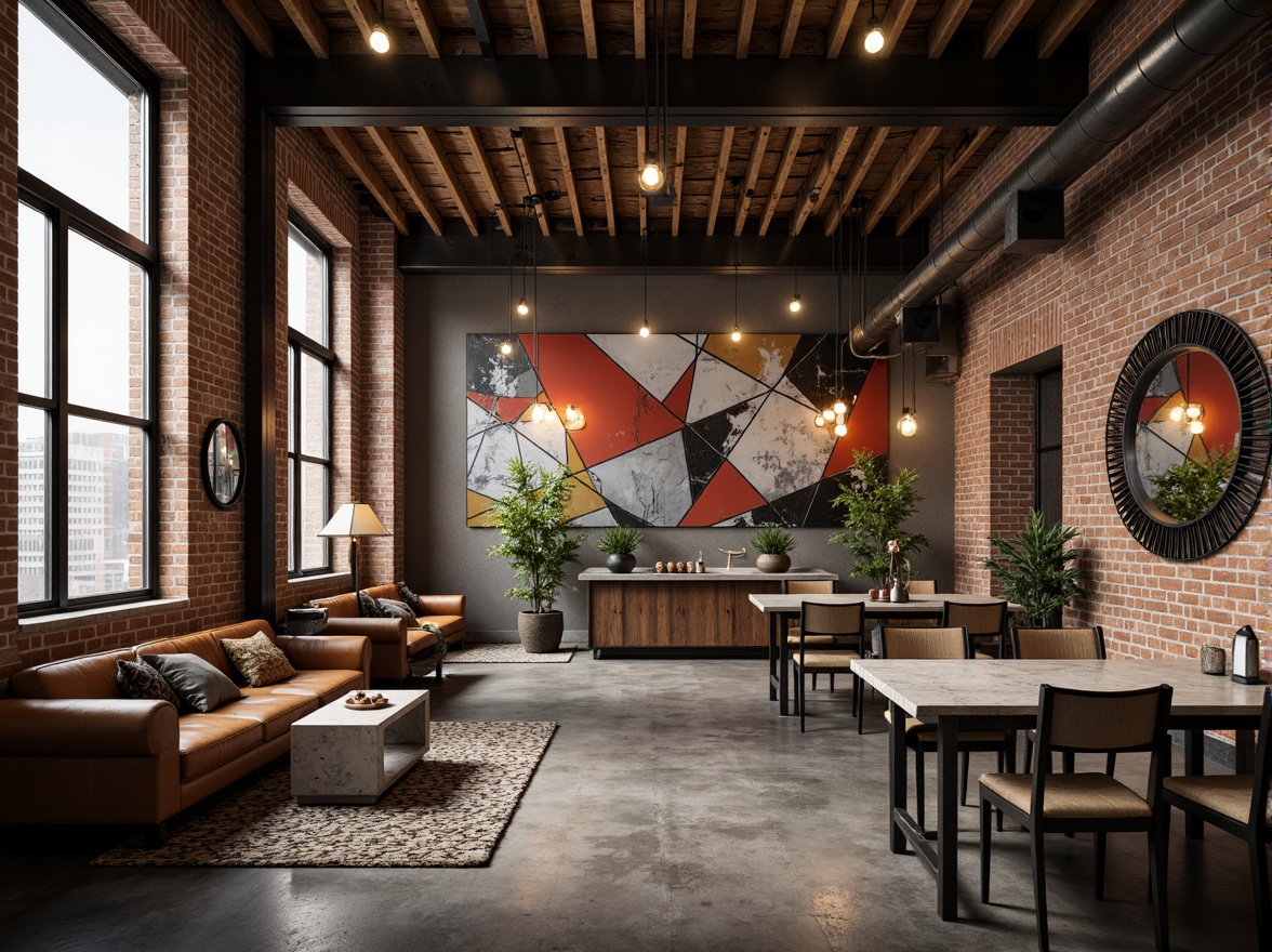 Prompt: Rustic industrial coffee shop, exposed brick walls, polished concrete floors, reclaimed wood accents, metallic beams, distressed leather furniture, Edison bulb lighting, abstract geometric patterns, fragmented mirrors, irregular shapes, bold color contrasts, rough-hewn stone countertops, poured concrete tables, minimalist decor, urban loft atmosphere, natural light pouring in, high ceilings, dramatic shadows, 1/1 composition, moody warm lighting, realistic textures.