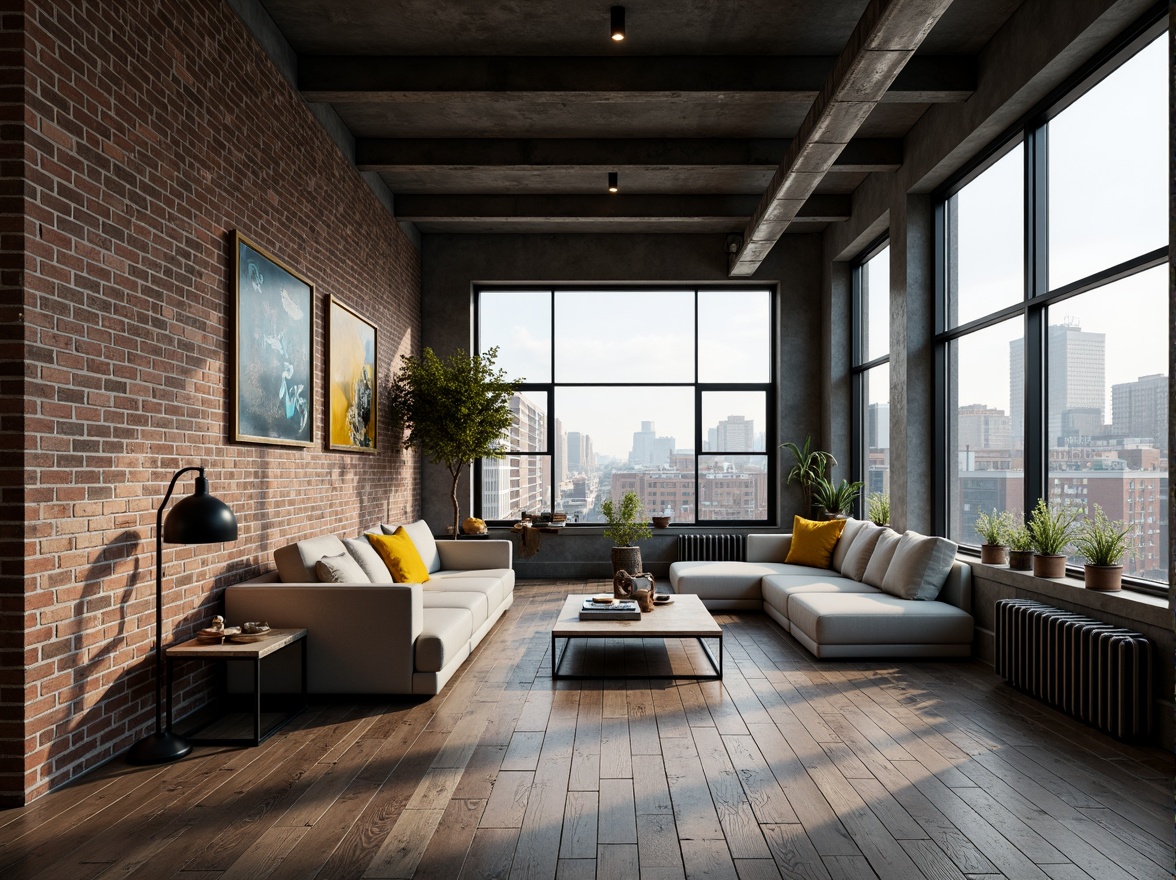 Prompt: Industrial-chic loft, exposed brick walls, metal beams, reclaimed wood floors, urban cityscape views, modern minimalist decor, monochromatic color scheme, rich charcoal grays, warm beige tones, deep blues, vibrant yellow accents, natural textures, softbox lighting, atmospheric shadows, 3/4 composition, cinematic mood, realistic render.