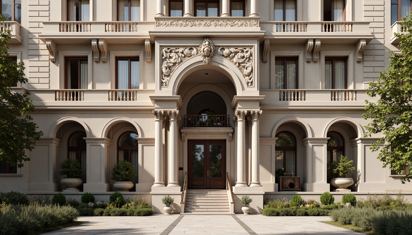 Prompt: Grandiose classical facade, ornate columns, intricately carved details, symmetrical composition, majestic entrance, sweeping arches, rusticated stone walls, ornamental balconies, decorative cornices, grand pediments, imposing scale, subtle color palette, soft natural lighting, shallow depth of field, 2/3 composition, realistic textures, ambient occlusion.