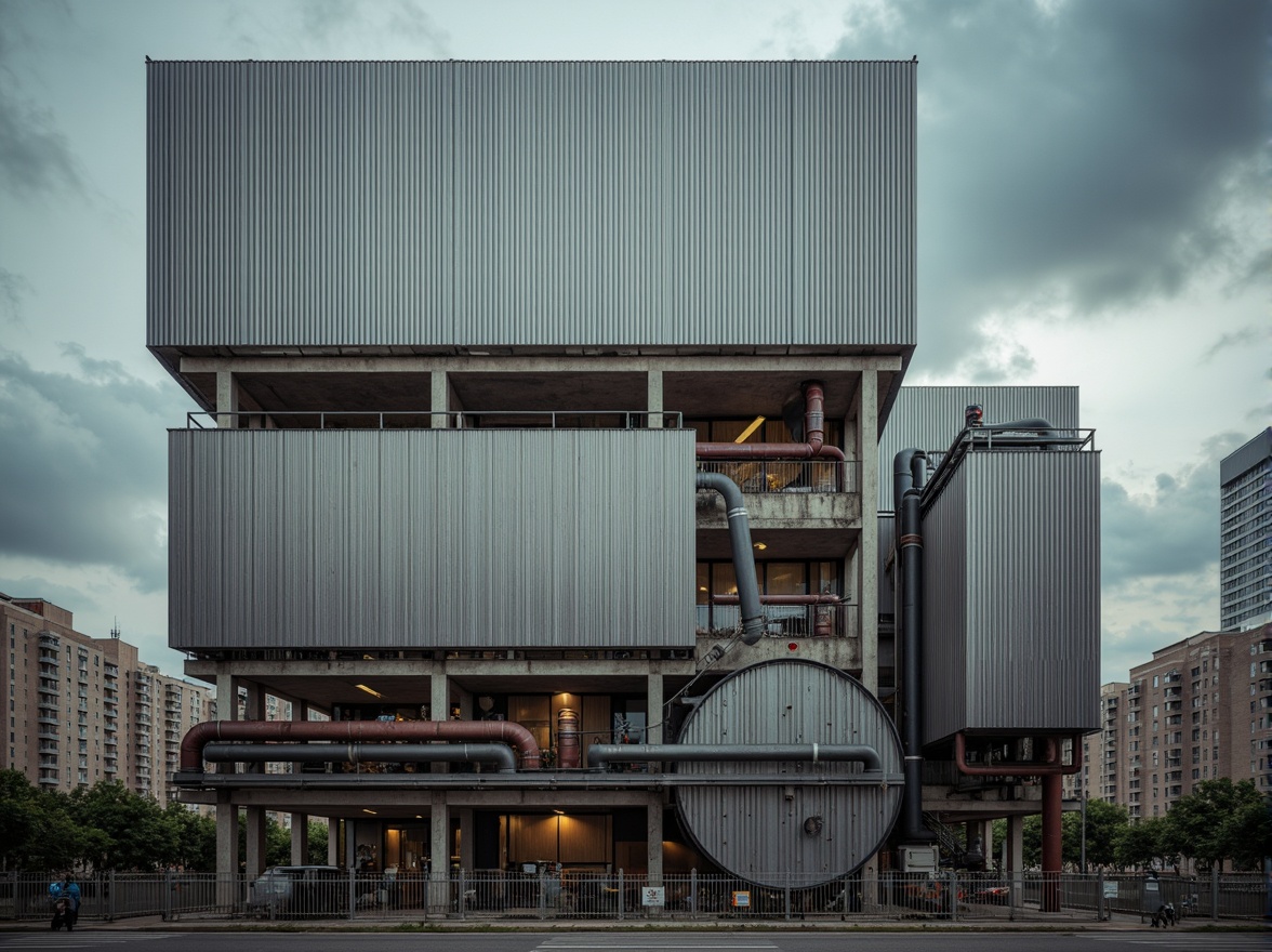 Prompt: Industrial energy plant, metallic fa\u00e7ade, corrugated steel panels, reinforced concrete structures, functional pipes, mechanical equipment, urban landscape, cloudy sky, dramatic lighting, high contrast, 1/2 composition, symmetrical framing, realistic reflections, ambient occlusion, rusted metal textures, worn concrete surfaces, industrial aesthetic, brutalist architecture, functional design, sustainable energy solutions.