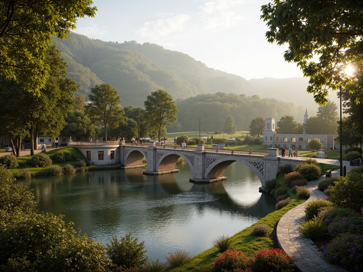 Prompt: Rolling hills, serene lakeside, lush greenery, majestic Baroque-style bridges, ornate stone carvings, grand arches, sweeping curves, rustic wooden railings, meandering waterways, tranquil atmosphere, warm golden lighting, soft misty effects, 1/1 composition, symmetrical framing, realistic textures, ambient occlusion, vibrant floral arrangements, natural stone pathways, moss-covered banks, gentle water ripples, peaceful ambiance.