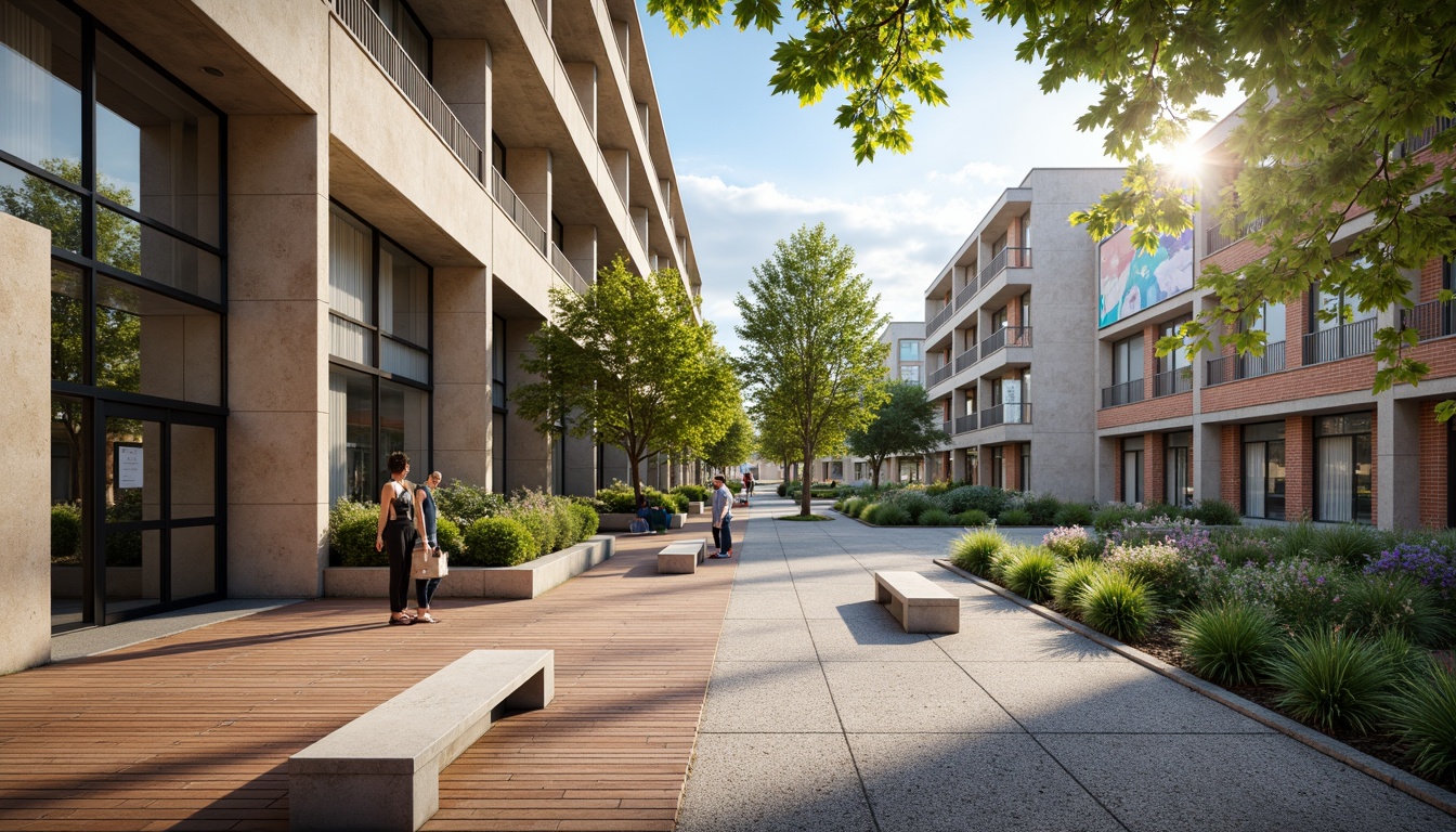 Prompt: Urban school building, modern architecture, exposed concrete walls, polished wooden floors, metallic railings, vibrant greenery, educational signage, natural stone walkways, brick facades, large windows, glass doors, blooming trees, sunny day, soft warm lighting, shallow depth of field, 3/4 composition, panoramic view, realistic textures, ambient occlusion, rough concrete surfaces, smooth wooden benches, cool gray metal railings, lively colorful murals, intricate geometric patterns.