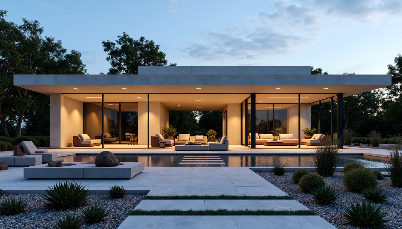 Prompt: Minimalist villa, clean lines, rectangular forms, functional gardens, industrial materials, exposed concrete, steel beams, large windows, sliding glass doors, abstract sculptures, geometric planters, succulent plants, gravel pathways, modern outdoor lighting, warm ambient glow, shallow depth of field, 2/3 composition, symmetrical framing, high-contrast textures, subtle color palette.