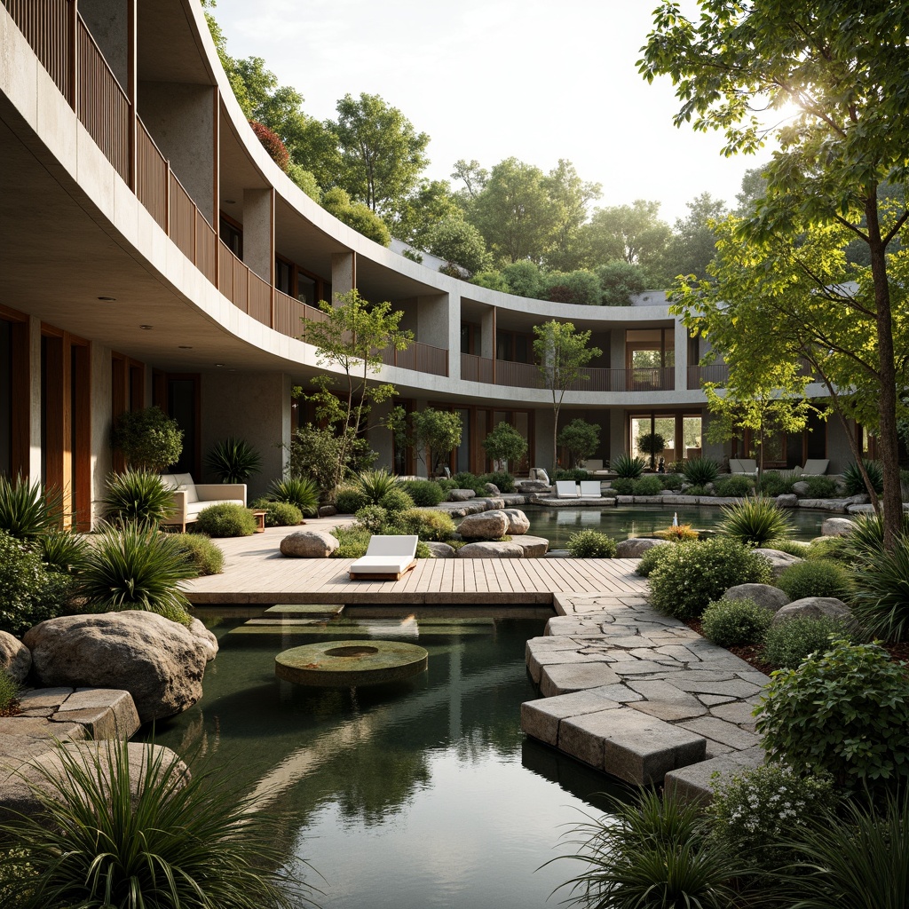 Prompt: Seamless landscape integration, organic architecture, curved lines, natural stone walls, green roofs, lush vegetation, native plants, meandering pathways, serene water features, reflecting pools, wooden decks, cantilevered structures, minimalist design, earthy tones, warm ambient lighting, soft focus, shallow depth of field, 2/3 composition, panoramic view, realistic textures, ambient occlusion.