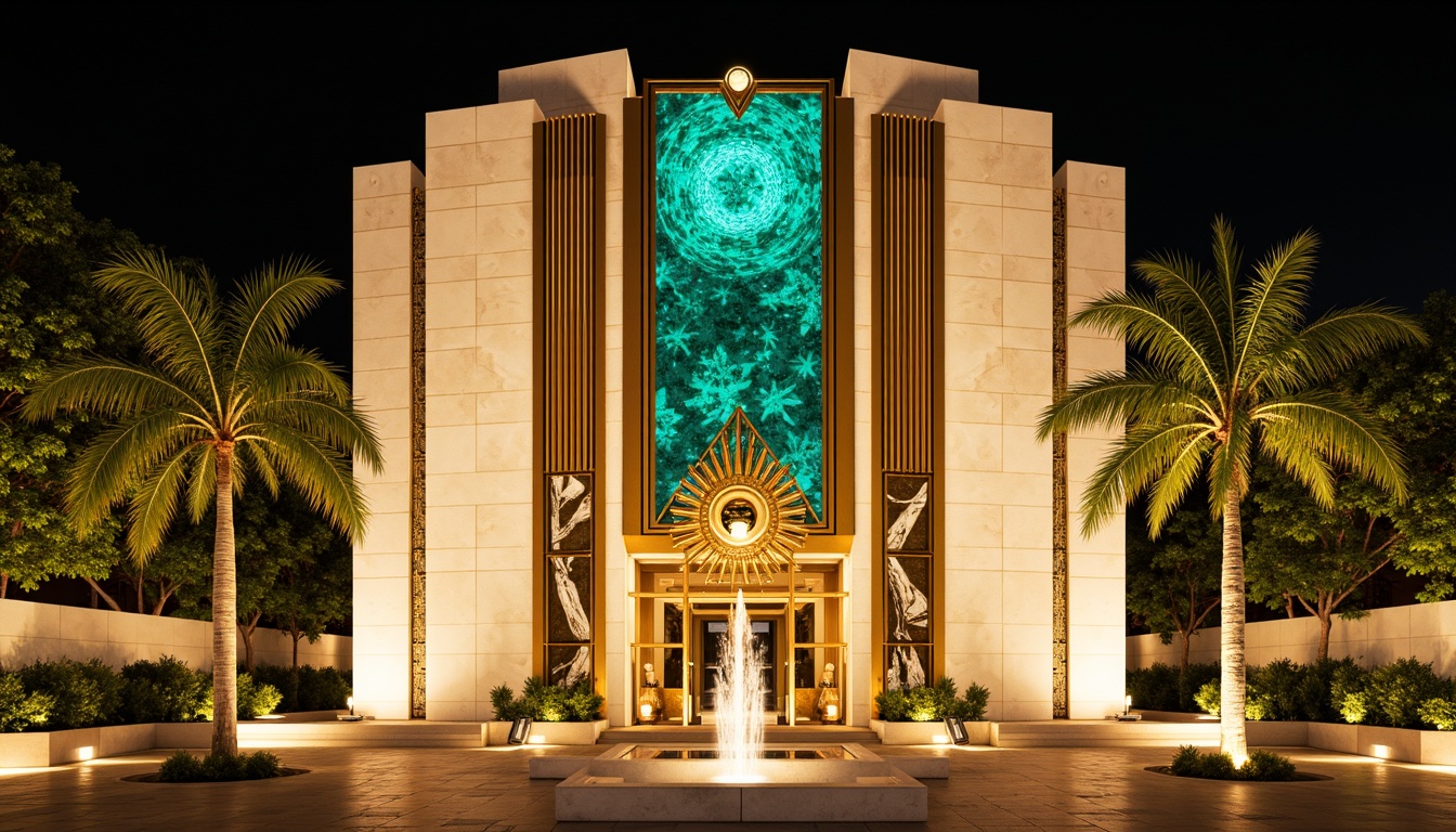 Prompt: Opulent Art Deco monument, lavish gold accents, rich bronze tones, luxurious marble surfaces, vibrant turquoise mosaics, bold geometric patterns, ornate metalwork details, sunburst motifs, stylized floral designs, metallic silver highlights, creamy ivory hues, warm beige stone textures, dramatic nighttime illumination, soft golden lighting, shallow depth of field, 1/1 composition, symmetrical framing, high-contrast rendering.