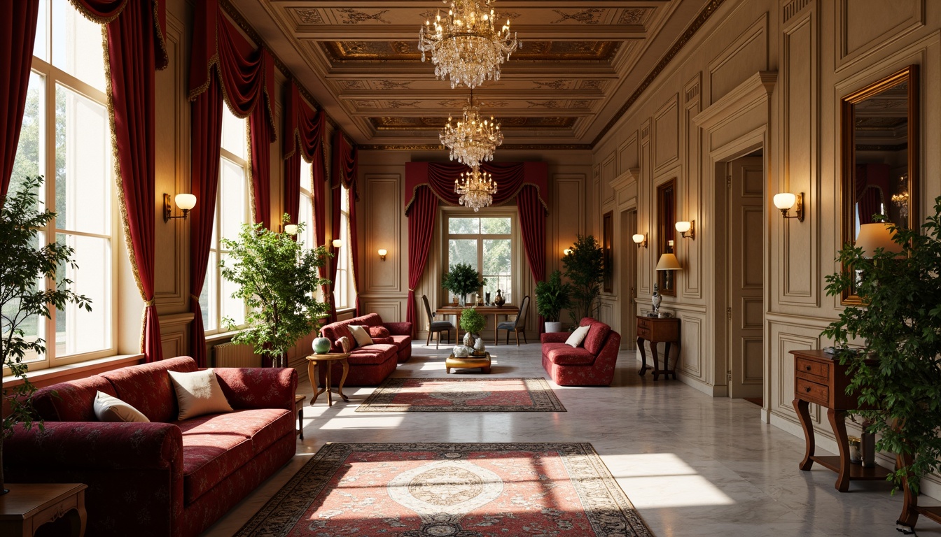 Prompt: Elegant interior spaces, classicism style, rich wood tones, ornate furnishings, luxurious fabrics, velvet drapes, golden accents, crystal chandeliers, marble floors, intricate moldings, soft warm lighting, subtle shadows, 1/1 composition, realistic textures, ambient occlusion, warm beige walls, creamy whites, deep blues, emerald greens, rich reds, gilded frames, ornate mirrors, lavish upholstery, sophisticated ambiance.