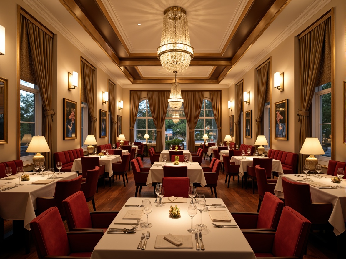 Prompt: Elegant dining hall, luxurious chandeliers, rich wood tones, warm beige walls, soft cream accents, velvety red upholstery, golden metal fixtures, sophisticated neutral colors, intimate candlelight, dramatic high ceilings, ornate mirrors, lavish furnishings, opulent fabrics, refined atmosphere, warm inviting ambiance, shallow depth of field, 1/1 composition, realistic textures, ambient occlusion.