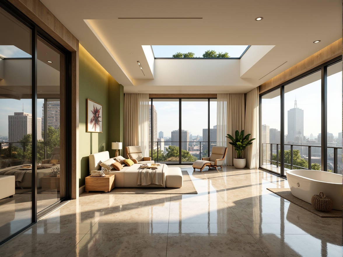 Prompt: Luxurious penthouse, floor-to-ceiling windows, sliding glass doors, panoramic city views, modern minimalist interior, sleek lines, polished marble floors, reflective surfaces, open-plan living area, spacious master bedroom, walk-in closet, freestanding tub, double-height ceiling, clerestory windows, skylights, solar tubes, LED lighting, warm beige tones, creamy whites, natural textiles, green walls, lush indoor plants, morning sunlight, soft warm glow, shallow depth of field, 1/1 composition, realistic rendering.