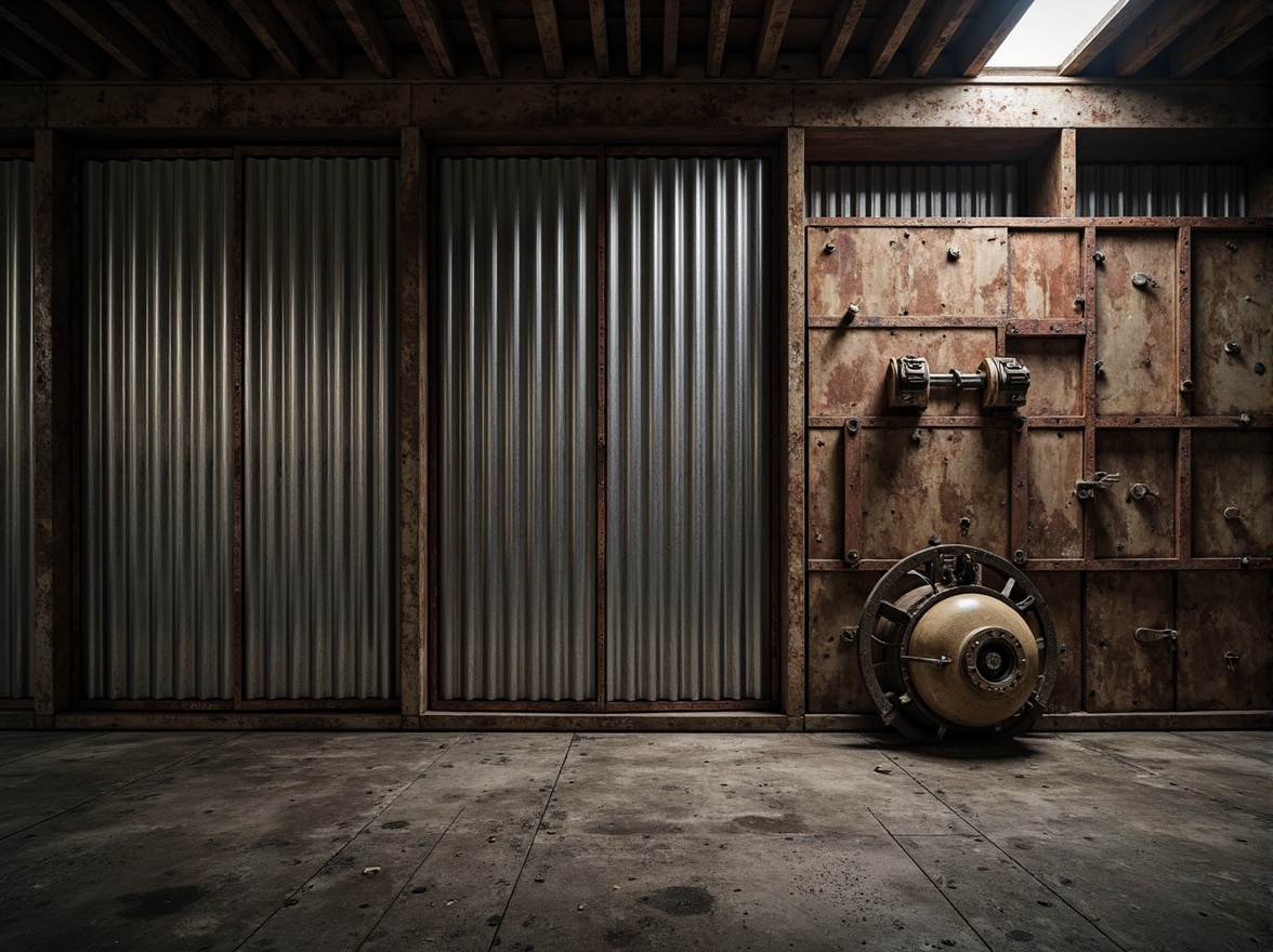 Prompt: Rustic industrial setting, corrugated metal walls, weathered steel surfaces, distressed finishes, metallic sheen, rough textures, bolted joints, mechanical details, urban decay, abandoned factories, worn concrete floors, dimly lit atmosphere, high contrast lighting, dramatic shadows, 1/1 composition, realistic reflections, ambient occlusion.