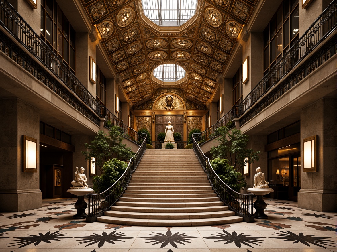 Prompt: Intricate geometric patterns, ornate metalwork, luxurious marble surfaces, grandiose statues, symmetrical compositions, opulent chandeliers, lavish mosaics, bold typography, stylized florals, zigzag motifs, chevron designs, metallic accents, glossy finishes, sunburst patterns, stepped silhouettes, monumental scale, dramatic lighting, low-angle view, cinematic composition, high-contrast colors, ornate fountains, grand staircases.