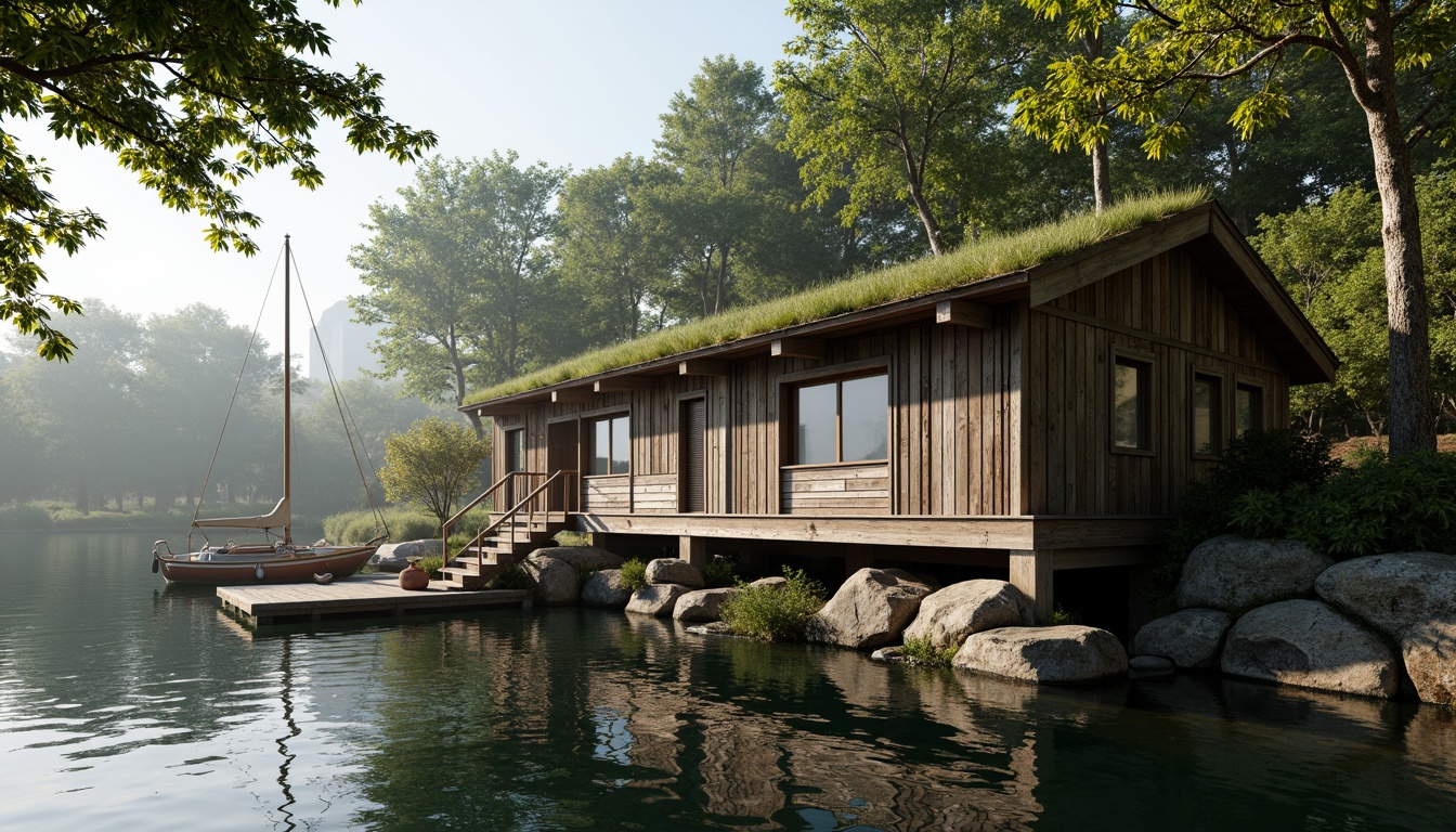 Prompt: Rustic wooden boathouse, weathered planks, distressed finishes, natural stone foundations, moss-covered roofs, serene lake surroundings, calm water reflections, lush greenery, overhanging trees, warm sunlight filtering, soft misty atmosphere, shallow depth of field, 1/2 composition, realistic textures, ambient occlusion, wooden dock, nautical ropes, sailboat moorings, aquatic life, subtle color palette, earthy tones, natural materials, cozy interior ambiance.