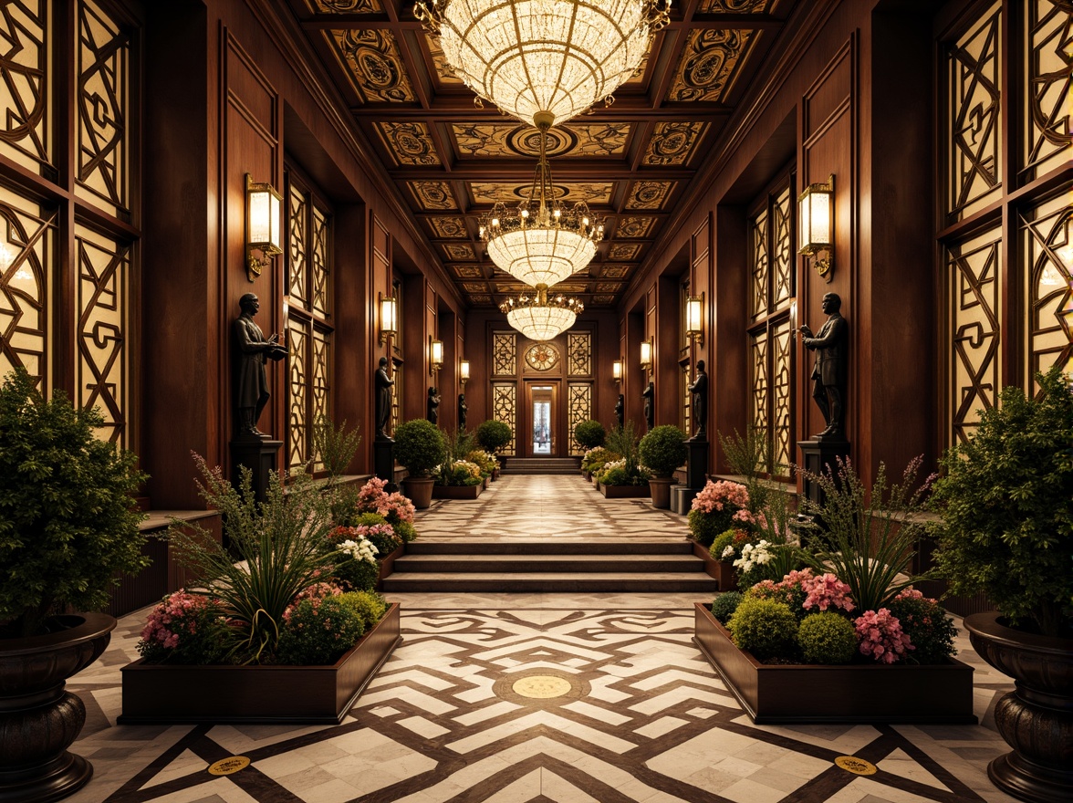 Prompt: Intricate geometric patterns, ornate metalwork, luxurious marble surfaces, grandiose statues, symmetrical compositions, opulent chandeliers, lavish mosaics, bold typography, stylized florals, zigzag motifs, chevron designs, sunburst patterns, metallic accents, polished chrome details, rich jewel tones, dramatic lighting effects, low-angle photography, cinematic atmosphere, high-contrast rendering, detailed textures, realistic reflections.