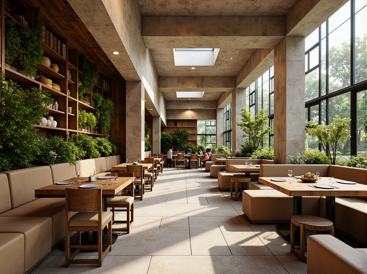 Prompt: Earth-toned restaurant interior, natural stone walls, exposed concrete ceilings, reclaimed wood accents, living green walls, thermal mass materials, passive heating and cooling systems, large south-facing windows, clerestory windows, skylights, warm earthy color palette, rustic-chic decor, industrial-style lighting fixtures, minimalist furniture design, eco-friendly upholstery, abundant natural light, soft diffused lighting, shallow depth of field, 1/1 composition, realistic textures, ambient occlusion.