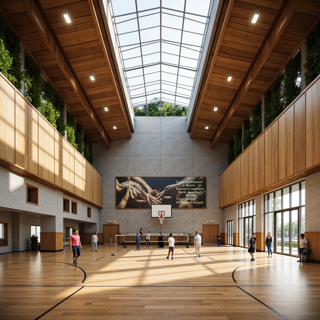 Prompt: Modern gymnasium building, eco-friendly materials, reclaimed wood flooring, bamboo walls, recycled metal beams, low-carbon concrete, green roofs, solar panels, natural ventilation systems, clerestory windows, abundant daylight, soft warm lighting, 3/4 composition, shallow depth of field, realistic textures, ambient occlusion, athletic equipment, basketball hoops, volleyball nets, exercise machines, mirrored walls, motivational quotes, inspirational posters, calm color scheme, earthy tones, wooden accents.