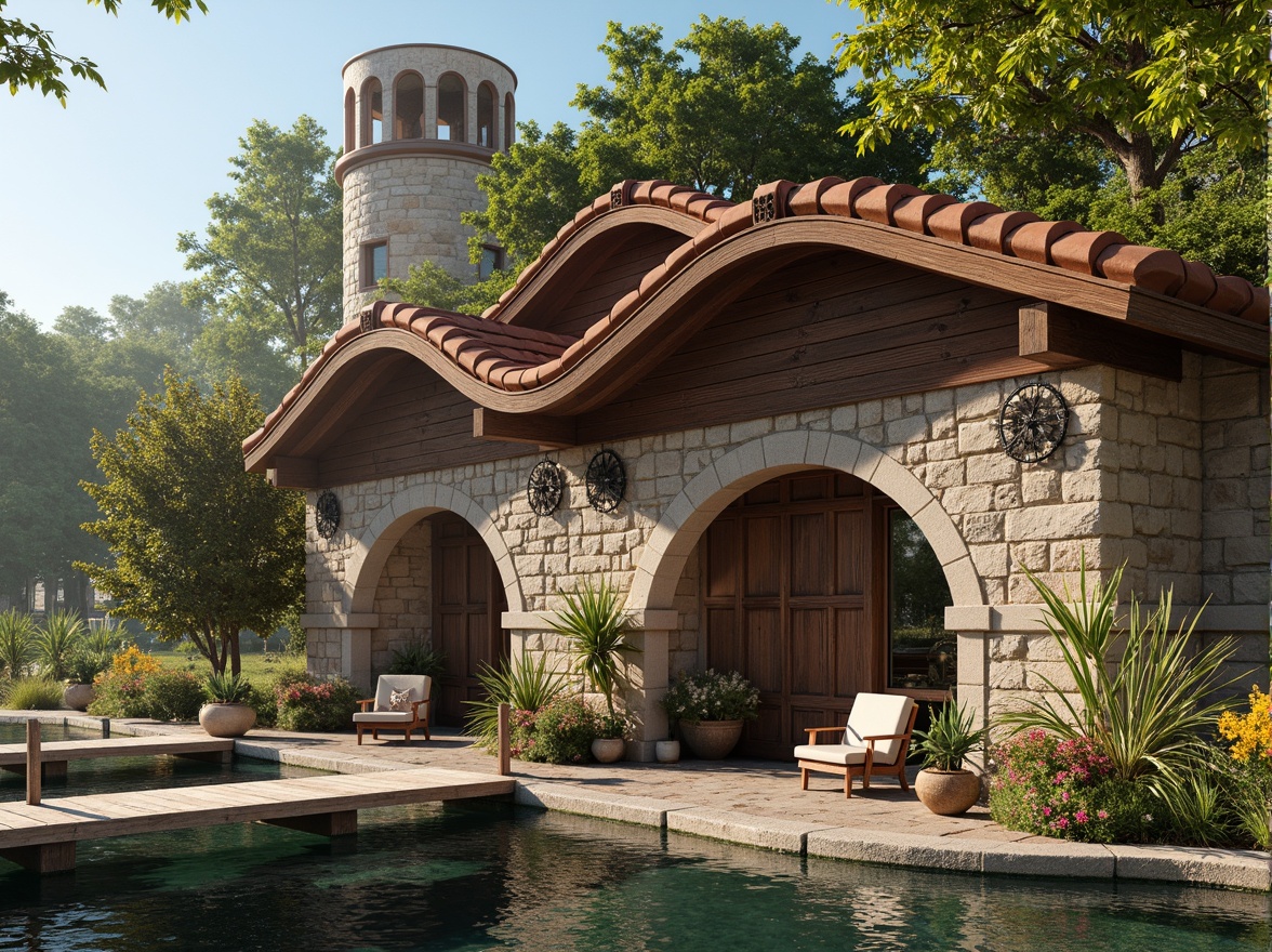 Prompt: Rustic boathouse, Romanesque arches, curved wooden beams, terracotta roof tiles, earthy color palette, natural stone walls, wooden dock, serene lake surroundings, lush greenery, vibrant flowers, sunny day, soft warm lighting, shallow depth of field, 3/4 composition, panoramic view, realistic textures, ambient occlusion, ornate metal decorations, intricate stonework, grand entrance, cozy interior spaces, nautical-themed decor.