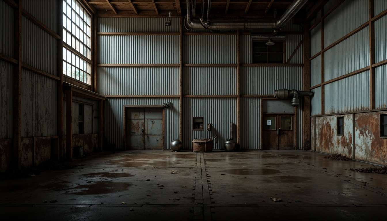 Prompt: Rustic industrial setting, corrugated metal walls, weathered steel surfaces, distressed finishes, metallic sheen, rugged textures, worn edges, bolted seams, mechanical details, urban decay, abandoned factories, old warehouses, dimly lit atmosphere, high contrast lighting, dramatic shadows, 1/1 composition, close-up shot, realistic reflections, ambient occlusion.