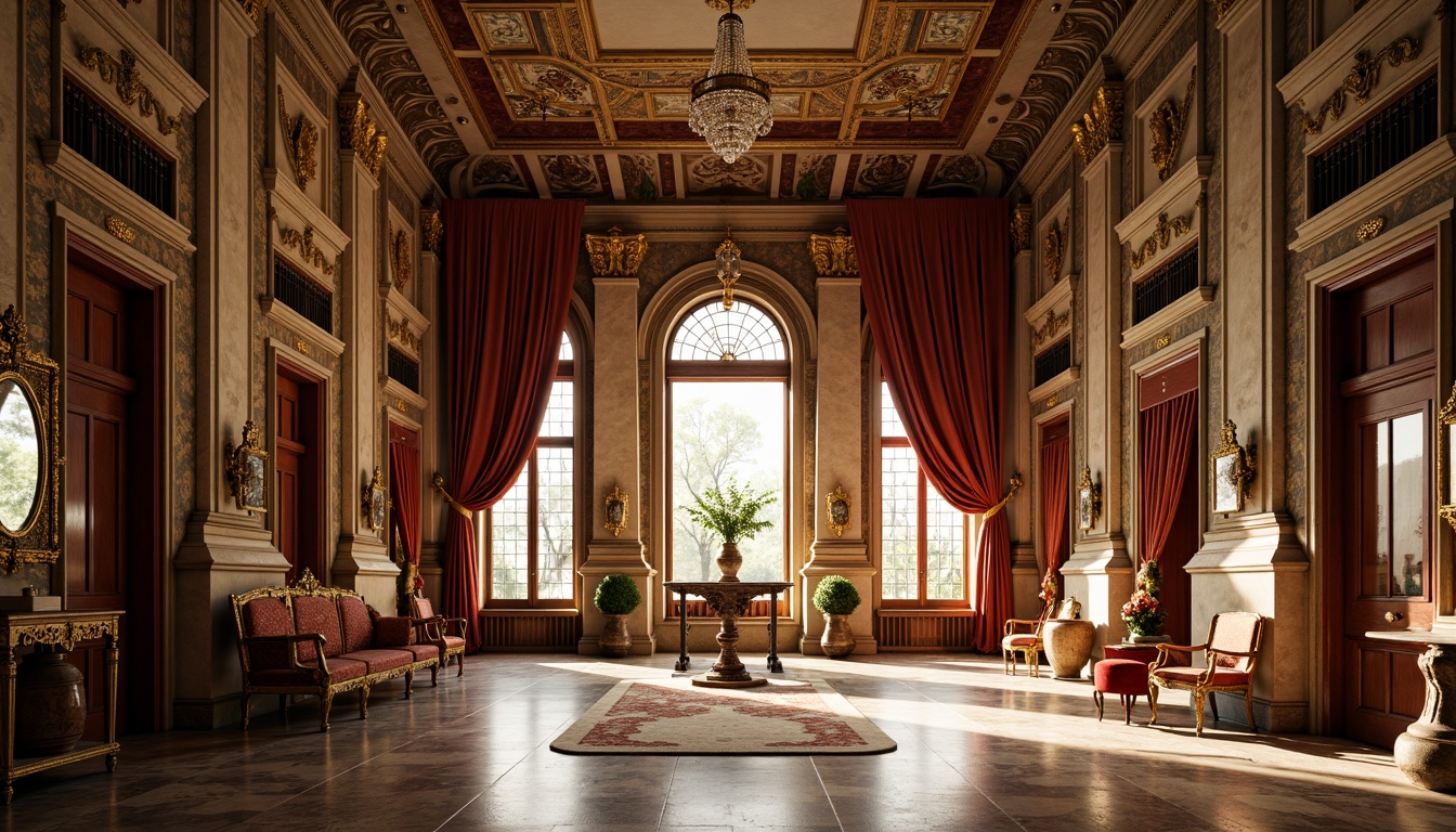 Prompt: Ornate palace, grandiose architecture, richly textured stone walls, intricately carved wooden doors, gilded ornaments, lavish furnishings, velvet drapes, ornamental mirrors, crystal chandeliers, marble floors, frescoed ceilings, natural light pouring through stained glass windows, warm golden lighting, shallow depth of field, 1/1 composition, symmetrical framing, realistic textures, ambient occlusion.