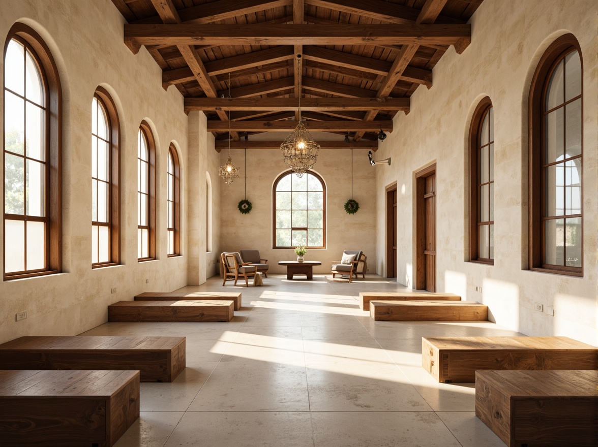 Prompt: Minimalist monastery interior, cream-colored stone walls, wooden accents, vaulted ceilings, stained glass windows, ornate chandeliers, rustic wooden benches, serene atmosphere, soft warm lighting, shallow depth of field, 1/1 composition, realistic textures, ambient occlusion, modern streamline furniture, sleek metal fixtures, minimalist decor, natural materials, earthy color palette, calm ambiance, peaceful retreat.