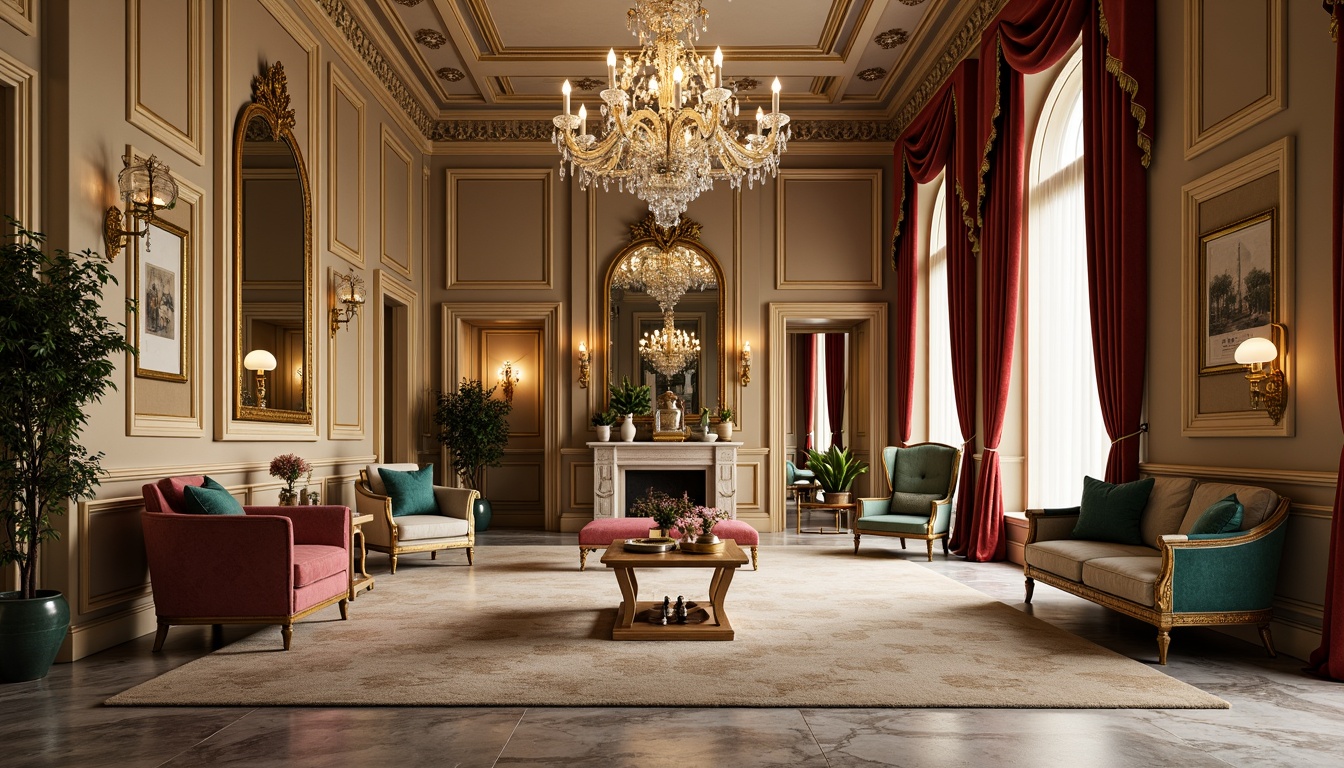 Prompt: Elegant interior spaces, classicism style, rich wood tones, ornate furnishings, luxurious fabrics, velvet drapes, golden accents, crystal chandeliers, marble floors, intricate moldings, soft warm lighting, subtle shadows, 1/1 composition, realistic textures, ambient occlusion, warm beige walls, creamy whites, deep blues, emerald greens, rich reds, gilded frames, ornate mirrors, lavish upholstery, sophisticated ambiance.