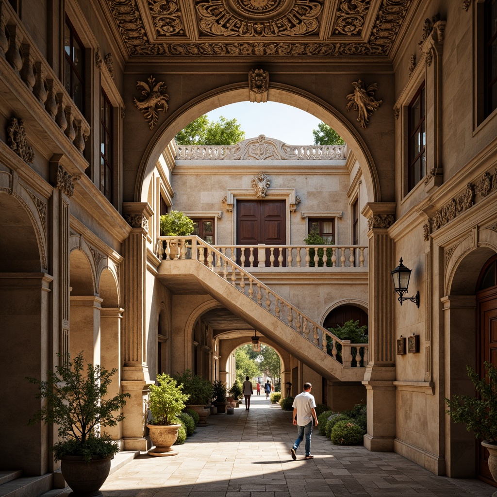 Prompt: Intricate stone carvings, ornate balustrades, grand arches, rustic stonework, weathered statues, mythological creatures, floral patterns, curved lines, ornamental lanterns, decorative railings, classical columns, carved keystones, rusticated quoins, symmetrical composition, warm golden lighting, soft focus, shallow depth of field, 2/3 composition, atmospheric perspective.